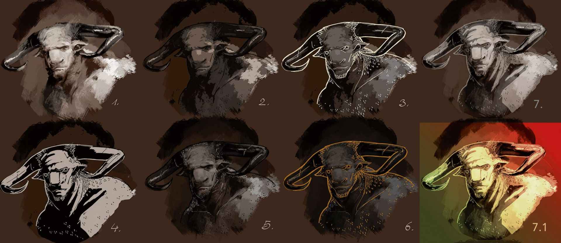 illustrations of a male character with horns and hands on head in various styles and colors digital production Illustrations of a male character with horns and hands on head in various styles and colors.