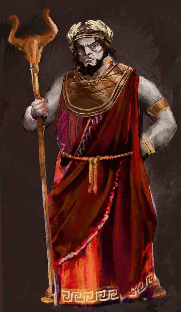 mythical figure holding a staff wearing a red and gold robe digital production Mythical figure holding a staff, wearing a red and gold robe.