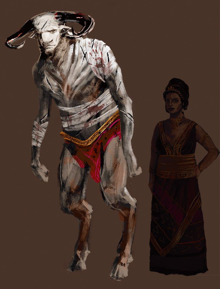 a mythical creature with ramlike features and a woman in traditional attire standing beside it digital production A mythical creature with ram-like features and a woman in traditional attire standing beside it.