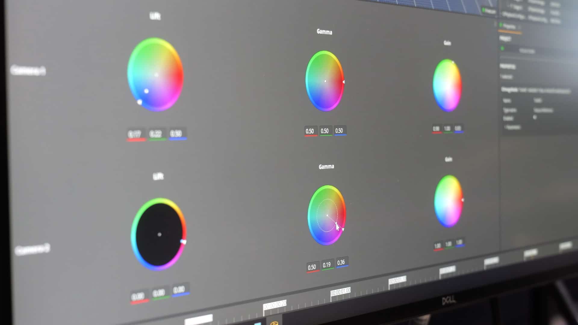 closeup of a monitor displaying six color calibration circles with varying shades and numerical values related to color settings like lift and gamma digital production Close-up of a monitor displaying six color calibration circles with varying shades and numerical values related to color settings like Lift and Gamma.