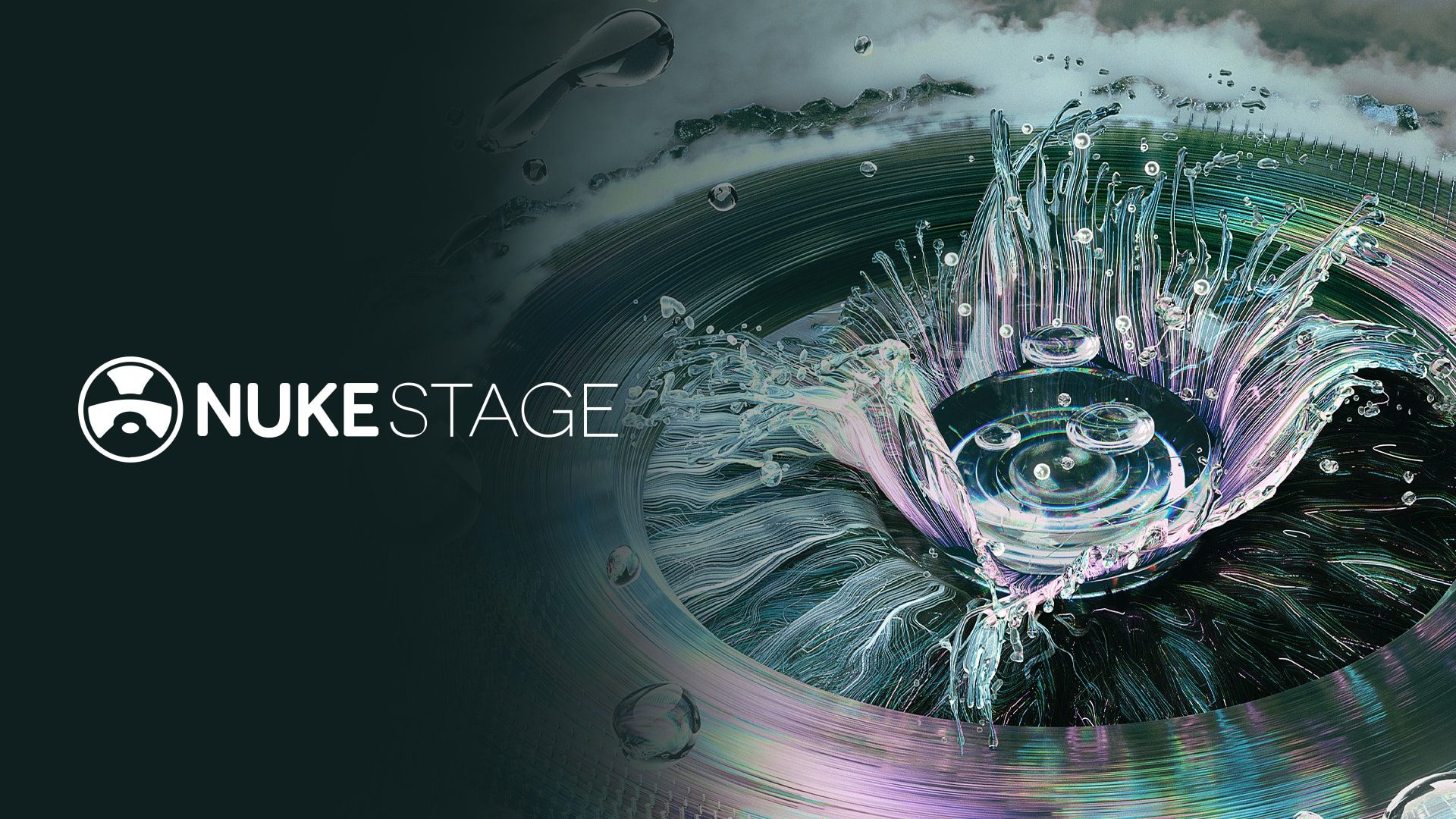 a splash of water creating ripples in a circular pattern with a graphic logo of nukestage on the left the background features a gradient of dark colors with soft light reflections digital production A splash of water creating ripples in a circular pattern, with a graphic logo of 'NUKESTAGE' on the left. The background features a gradient of dark colors with soft light reflections.