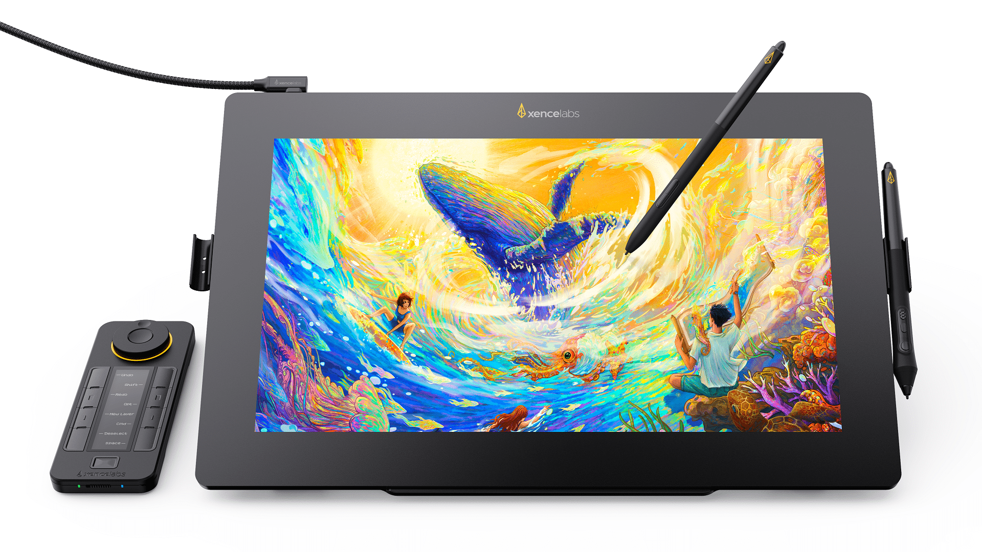 a digital drawing tablet displaying a colorful underwater scene with a whale and two people a stylus is positioned above the screen and a control panel is visible to the left of the tablet digital production Das Xencelabs 16 Bundle