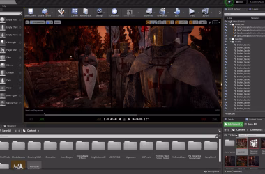 A computer screen displaying a medieval scene in a video game development software, featuring armored knights with shields and a dark environment. Folders and files are visible in the interface below.