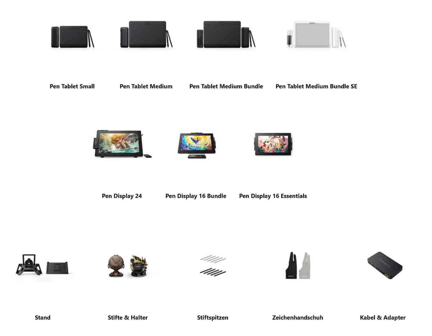 a collection of graphic tablets and accessories displayed on a white background including various models of pen tablets and pen displays along with stands and styluses digital production A collection of graphic tablets and accessories displayed on a white background, including various models of pen tablets and pen displays, along with stands and styluses.