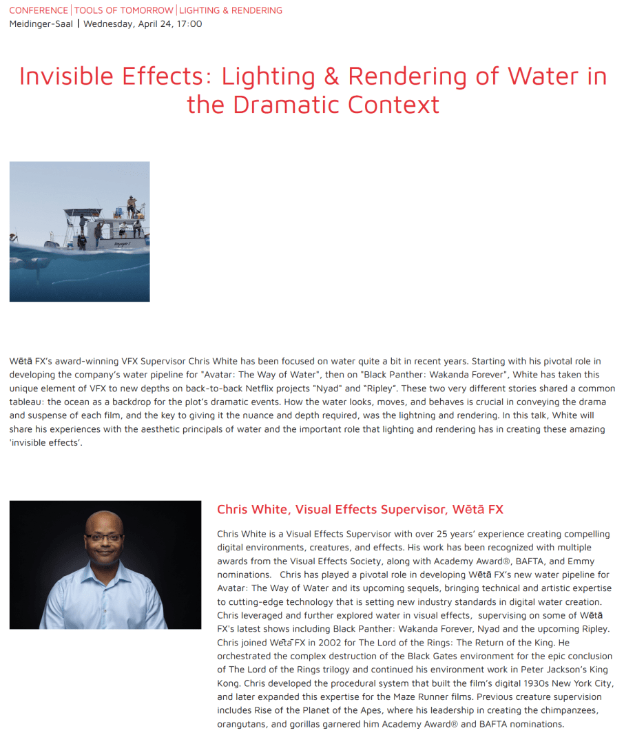 a boat and crew on water during a presentation about visual effects digital production A boat and crew on water during a presentation about visual effects.