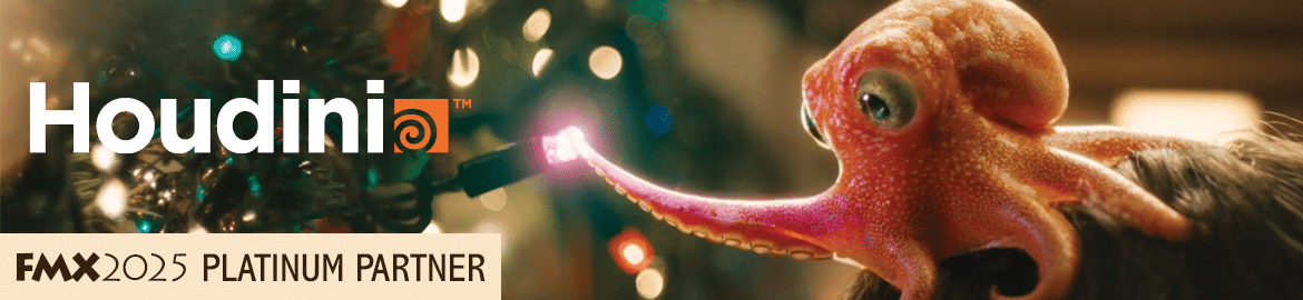 an octopus interacting with a glowing object next to a christmas tree featuring houdini branding and event details digital production An octopus interacting with a glowing object next to a Christmas tree, featuring Houdini branding and event details.