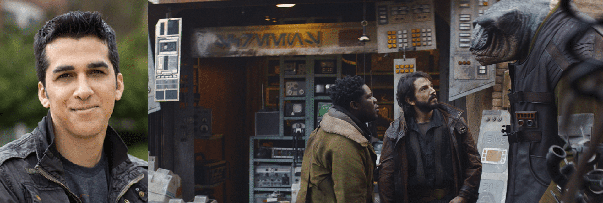 a closeup of a smiling young man on the left and a scene on the right showing two men talking to a creature outside a futuristic building filled with control panels and screens digital production A close-up of a smiling young man on the left, and a scene on the right showing two men talking to a creature outside a futuristic building filled with control panels and screens.