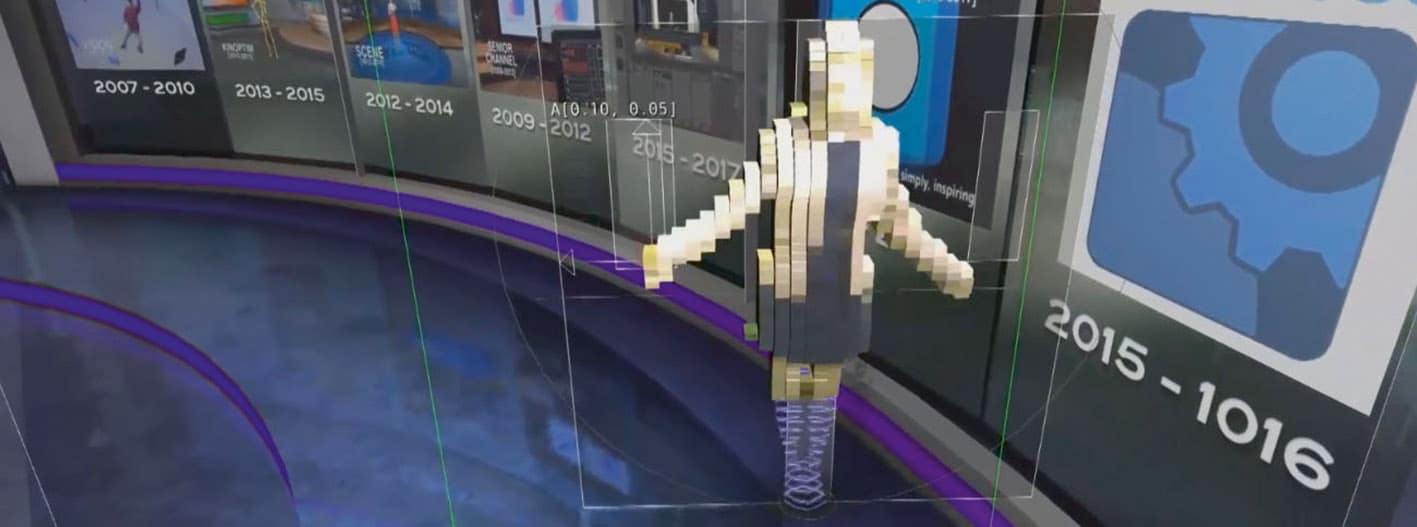 a 3d digital figure displayed in an exhibit with timeline graphics in the background digital production A 3D digital figure displayed in an exhibit with timeline graphics in the background.