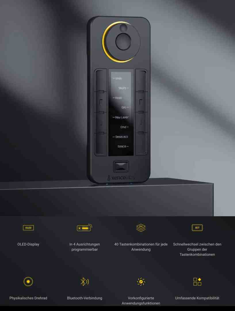 a sleek black remote control with an oled display and yellow accents showing various buttons for programming functions the design emphasizes bluetooth connectivity and compatibility features digital production Xenslabs Quick Keys