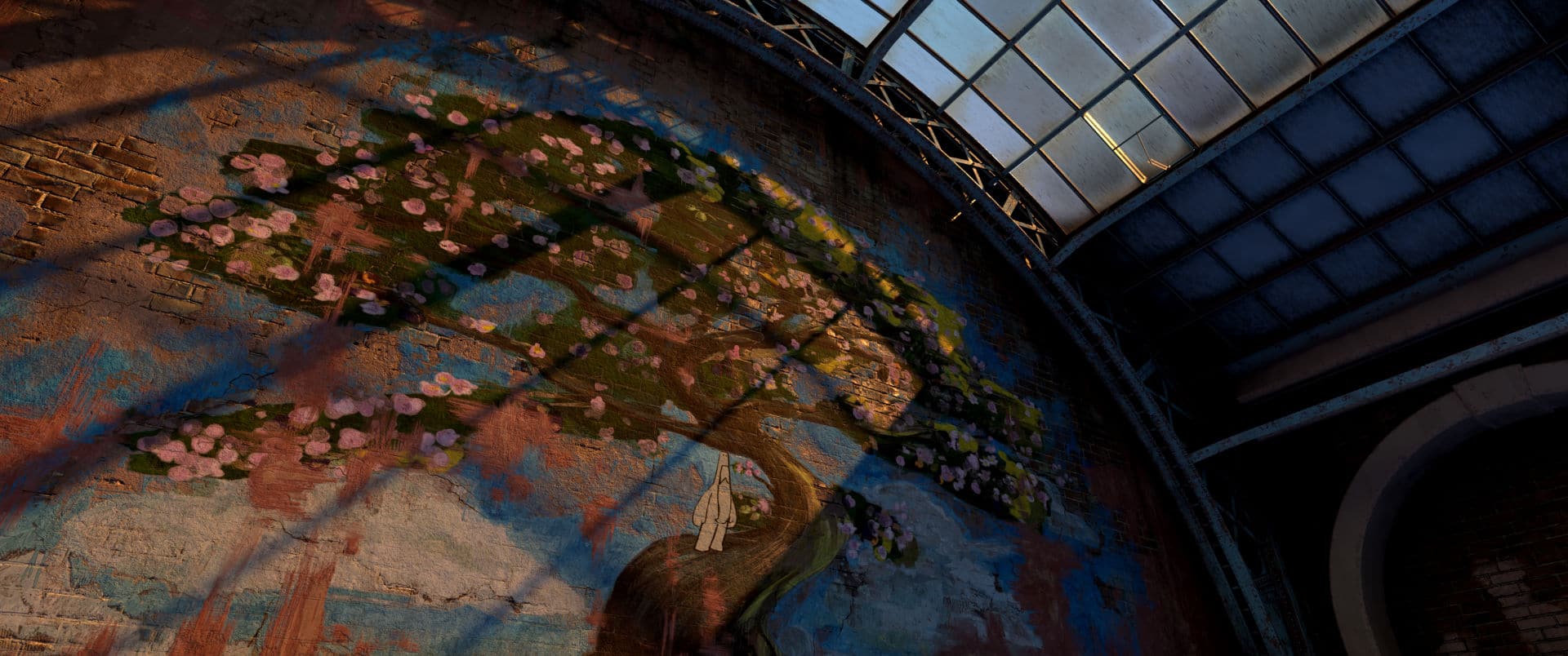 a mural depicting a tree with pink flowers against a blue and pink background illuminated by natural light from a glass roof overhead digital production A mural depicting a tree with pink flowers against a blue and pink background, illuminated by natural light from a glass roof overhead.