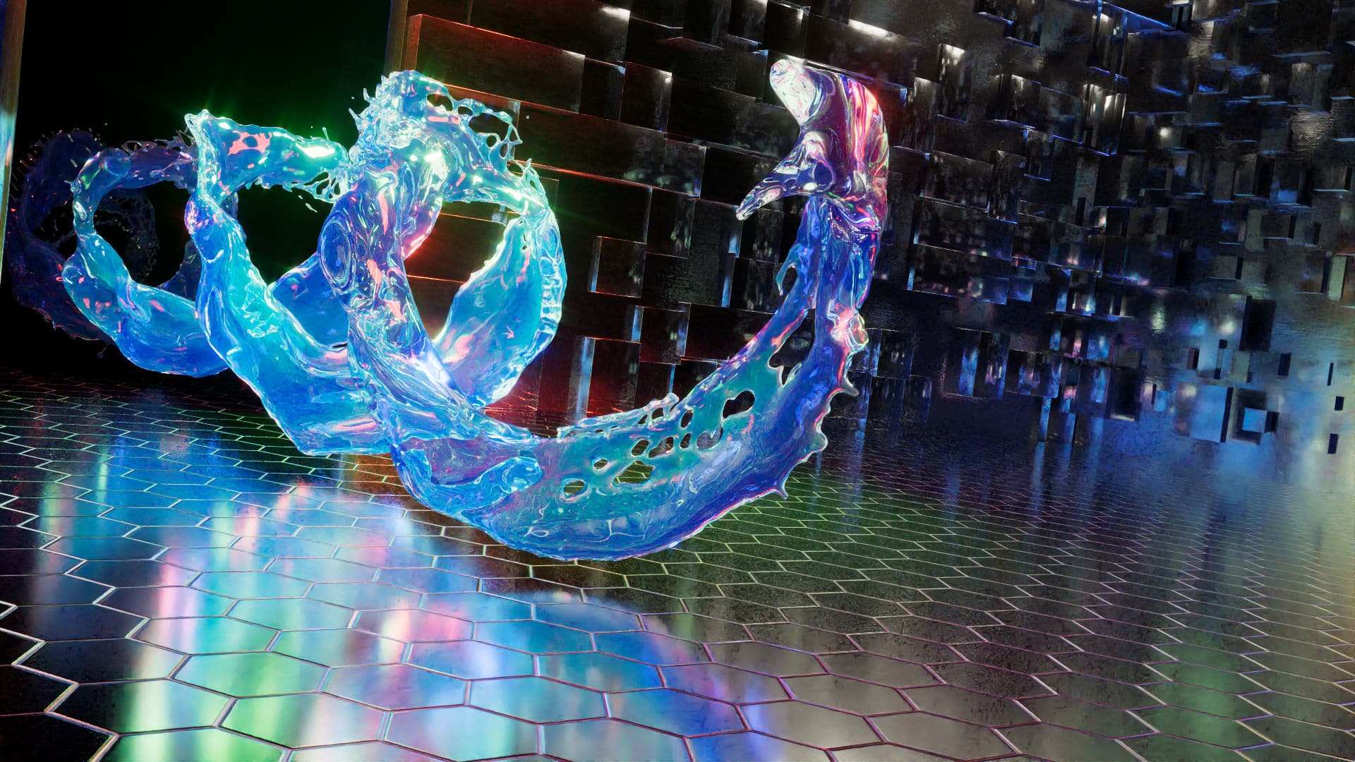 a digital art piece depicting a colorful flowing translucent liquid forming dynamic shapes in a futuristic setting with metallic wall textures digital production A digital art piece depicting a colorful, flowing translucent liquid forming dynamic shapes in a futuristic setting with metallic wall textures.