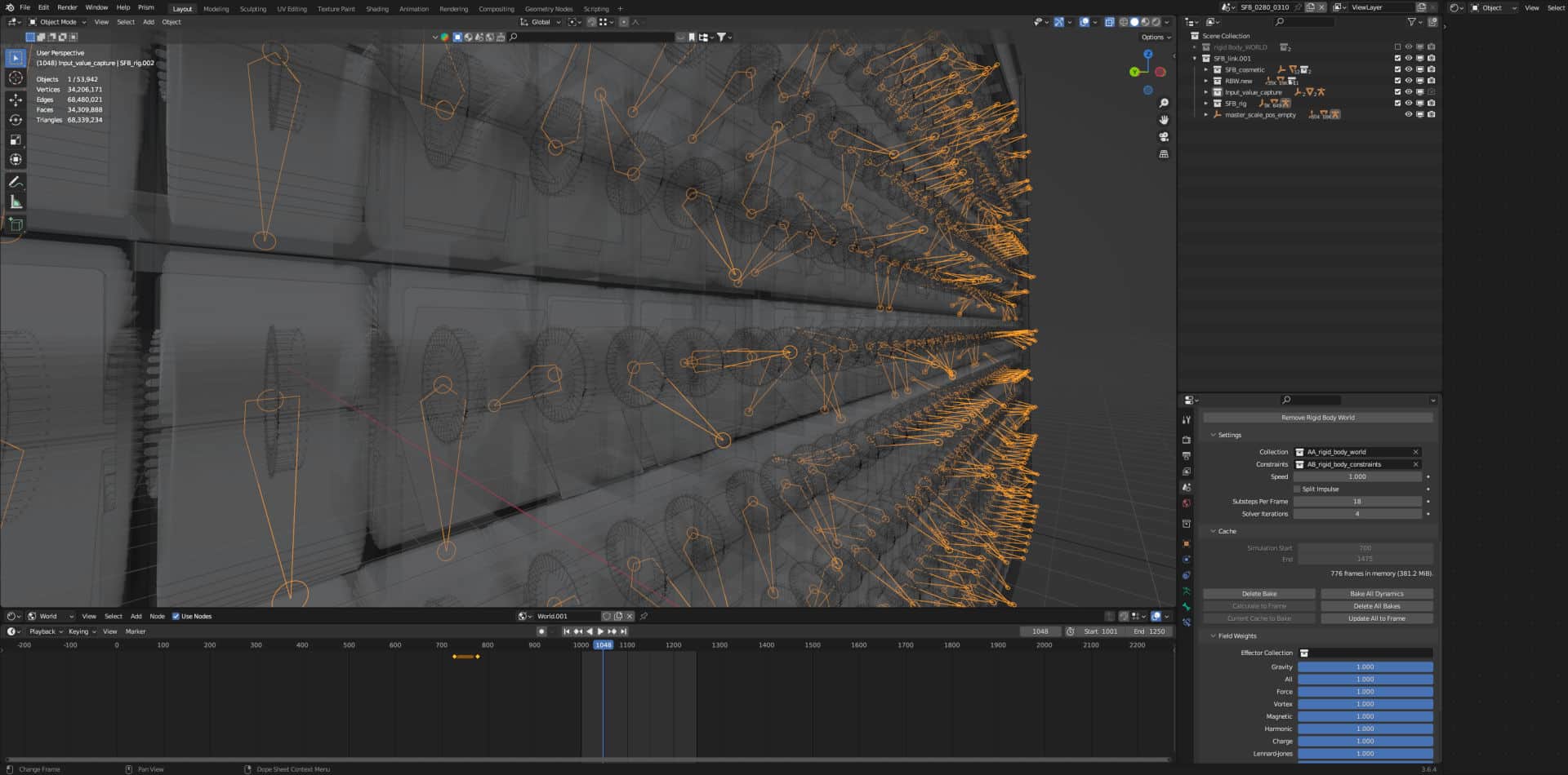 a 3d modeling workspace in blender displaying a detailed wireframe view of a geometric structure with multiple cylindrical shapes arranged in a grid the interface shows various tools and settings on the right side digital production A 3D modeling workspace in Blender, displaying a detailed wireframe view of a geometric structure with multiple cylindrical shapes arranged in a grid. The interface shows various tools and settings on the right side.