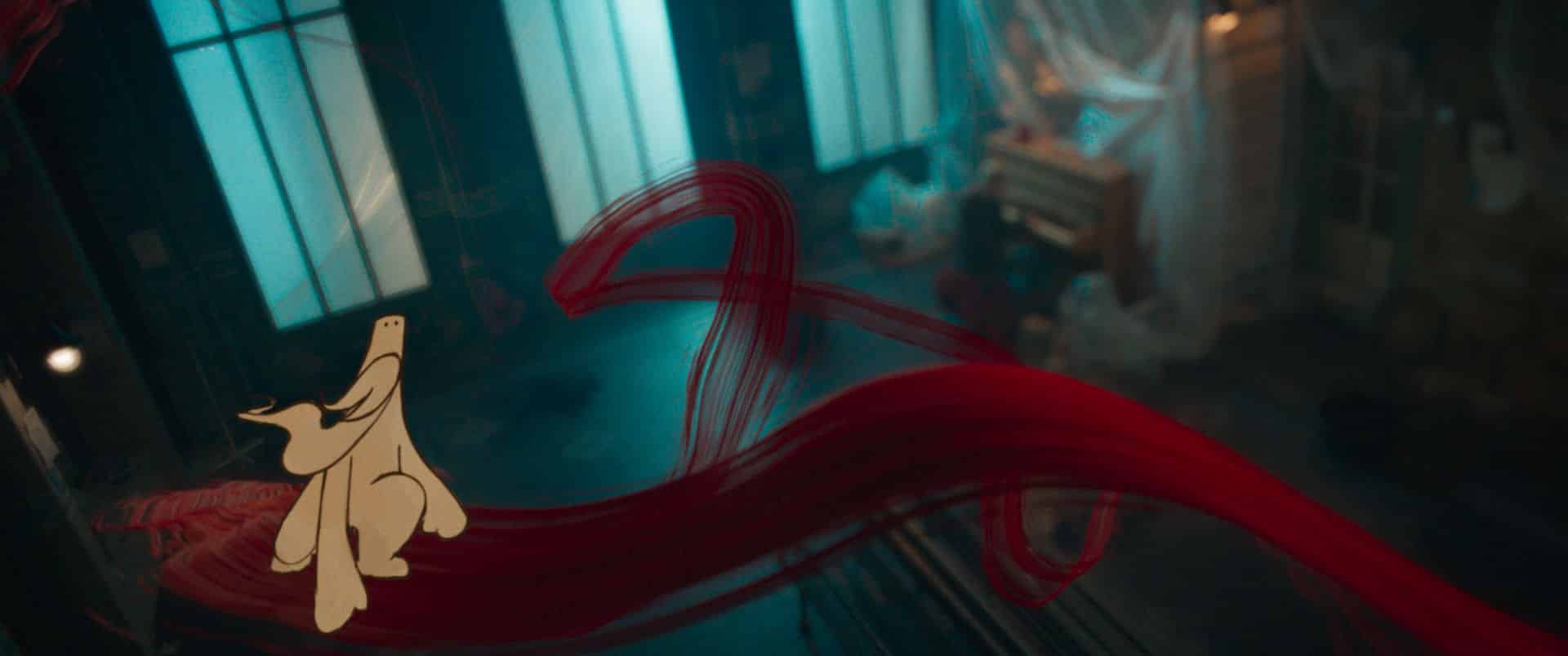 an animated character that resembles a dog sits on a red wavy line in an indoor space with dim lighting and windows in the background a piano can be seen along with soft lighting and scattered objects digital production An animated character that resembles a dog sits on a red wavy line in an indoor space with dim lighting and windows. In the background, a piano can be seen along with soft lighting and scattered objects.