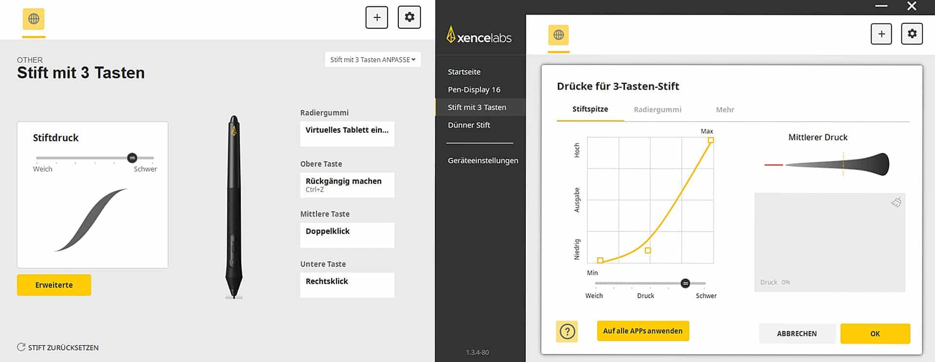 a software interface displaying settings for a threebutton stylus with options for pressure sensitivity and stroke adjustments the left side shows a visualization of stylus pressure with a slider while the right side features a graph of pressure settings and a sample stroke digital production Xencelabs Stiftanpassungen (Tasten, Druck und Kurve)