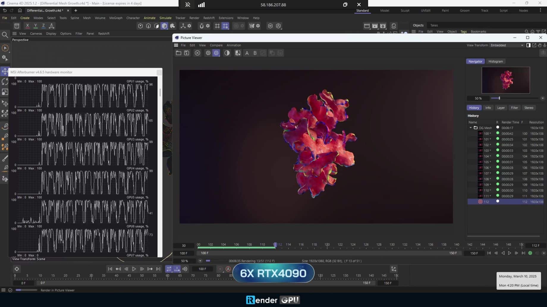a digital rendering software interface showing a colorful 3d model in the center on the left there is a data visualization graph at the bottom a label displays 6x rtx 4090 with rendering information on the right digital production A digital rendering software interface showing a colorful 3D model in the center. On the left, there is a data visualization graph. At the bottom, a label displays "6X RTX 4090" with rendering information on the right.