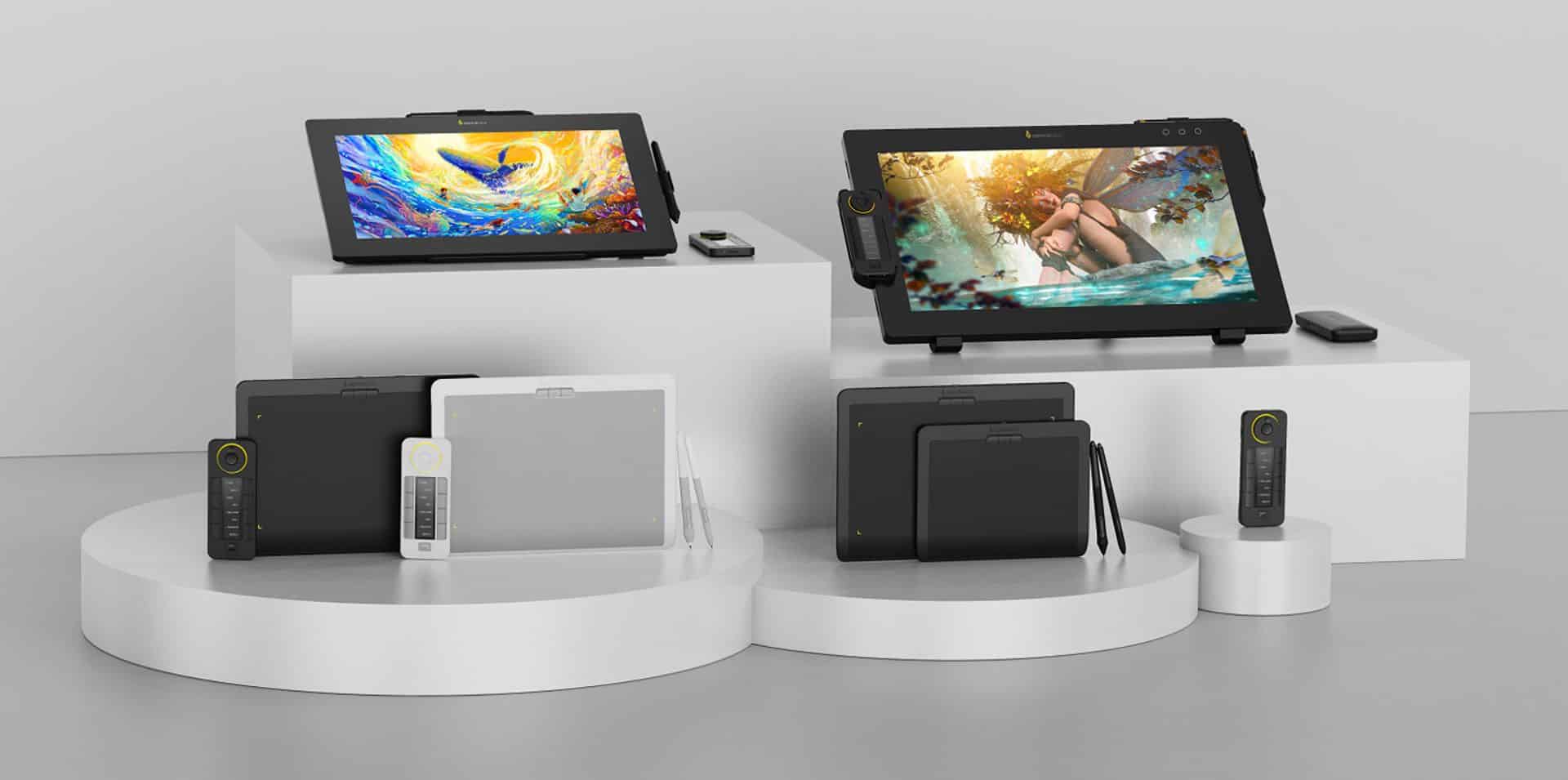 a display of graphic tablets and devices on white circular pedestals featuring a large tablet with colorful artwork and smaller tablets in various positions set against a gray background digital production Grafiktabletts und Pen Displays von Xencelabs