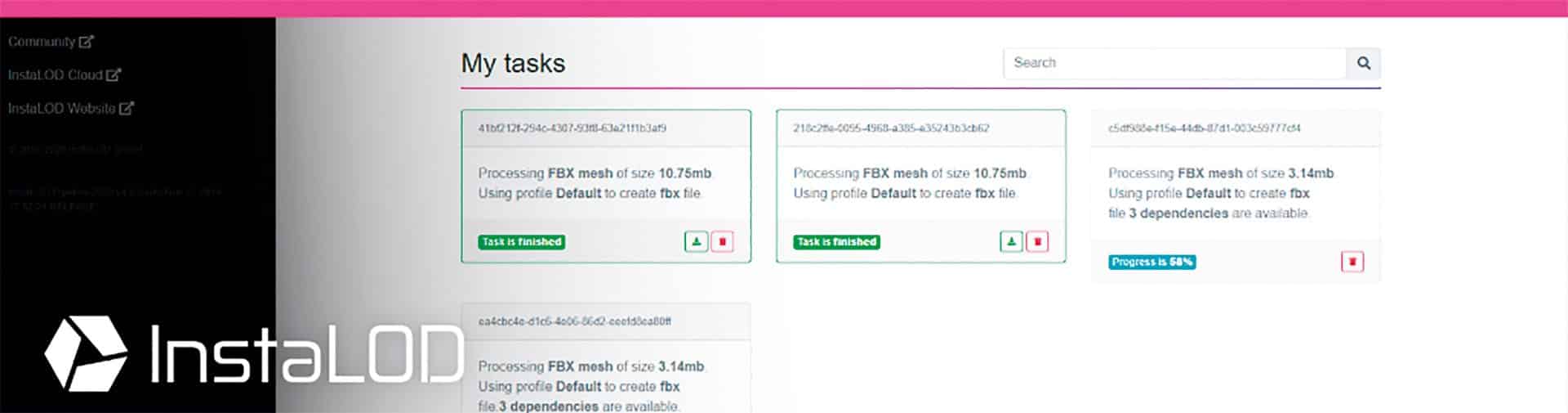 task management interface with three task cards displayed digital production Screenshot der InstaLOD-Anwendung, die eine Übersicht über die Fertigstellung von Aufgaben für die Verarbeitung von FBX-Mesh zeigt. Anzeigen von Dateigrößen und Fortschrittsinformationen.