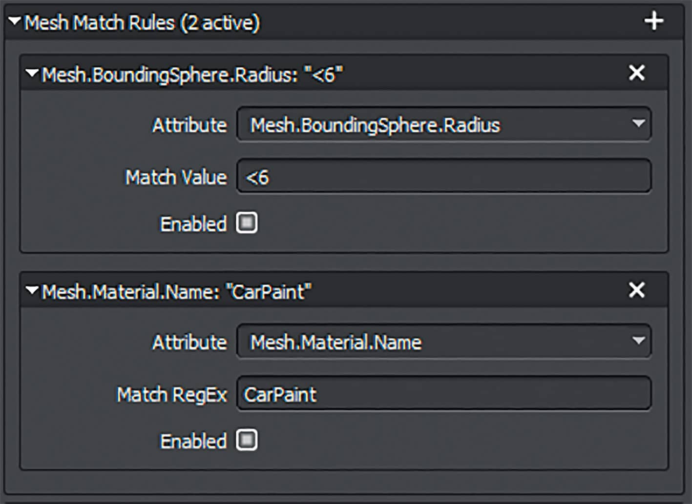 mesh match rules settings with bounding sphere radius and material name attributes digital production Interface für Mesh Match Rules in InstaLOD zeigt aktuell aktivierte Regeln zur Auswahl von Mesh-Objekten basierend auf Größen- und Materialkriterien.