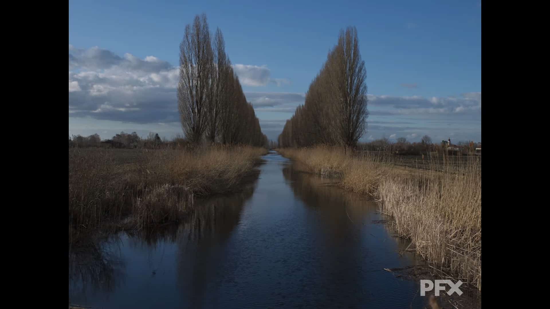 a calm river flanked by tall trees digital production A calm river flanked by tall trees