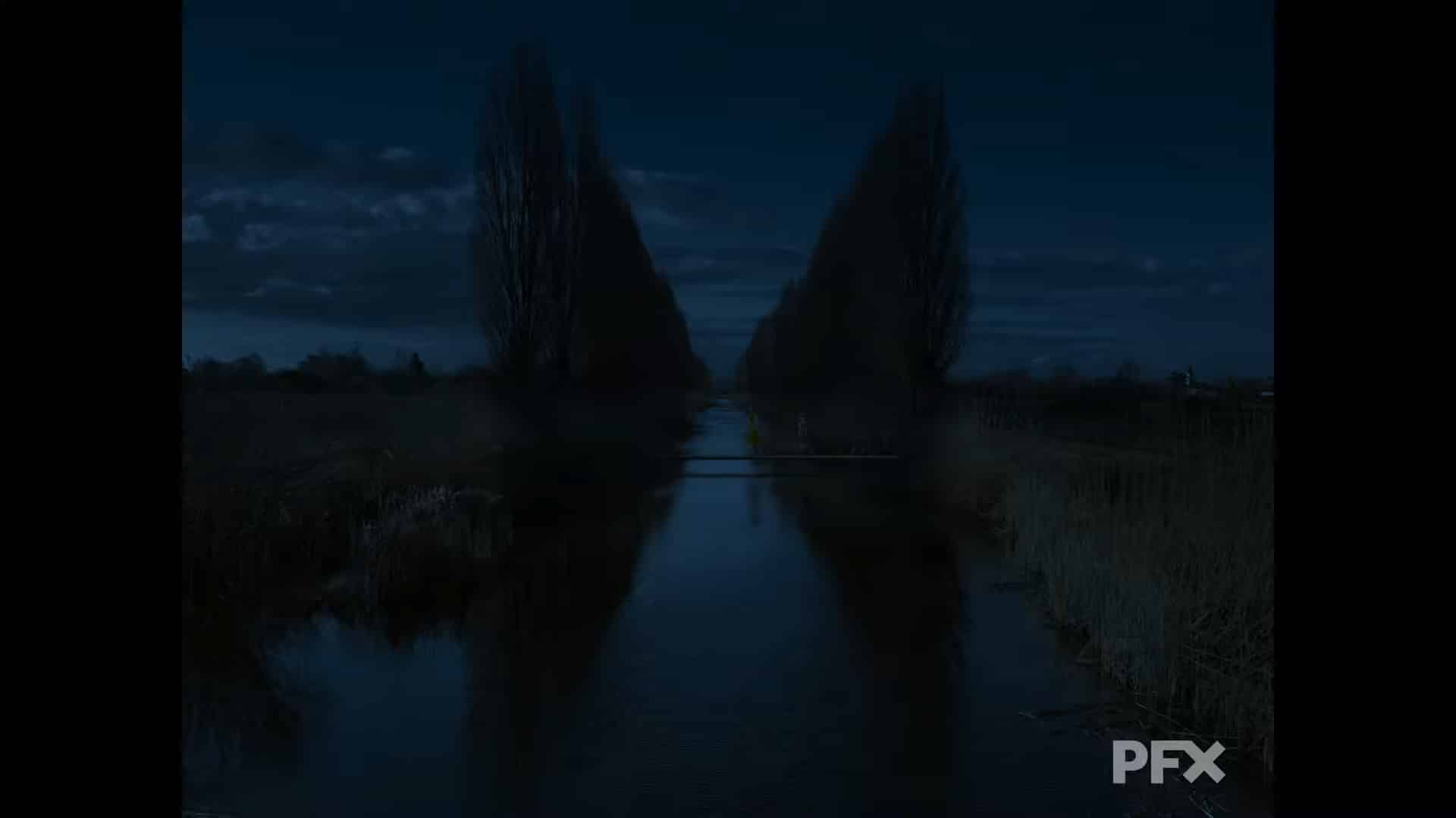 dark river scene with silhouettes of trees digital production Dark river scene with silhouettes of trees