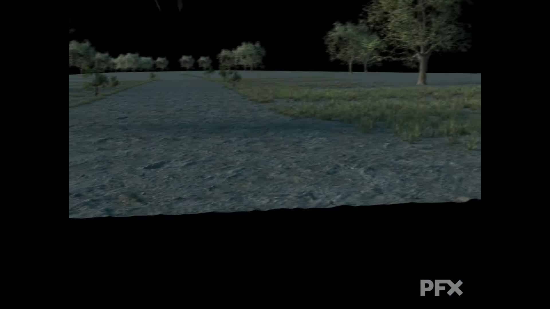 a digital landscape with a road and trees in a dark setting digital production A digital landscape with a road and trees in a dark setting.