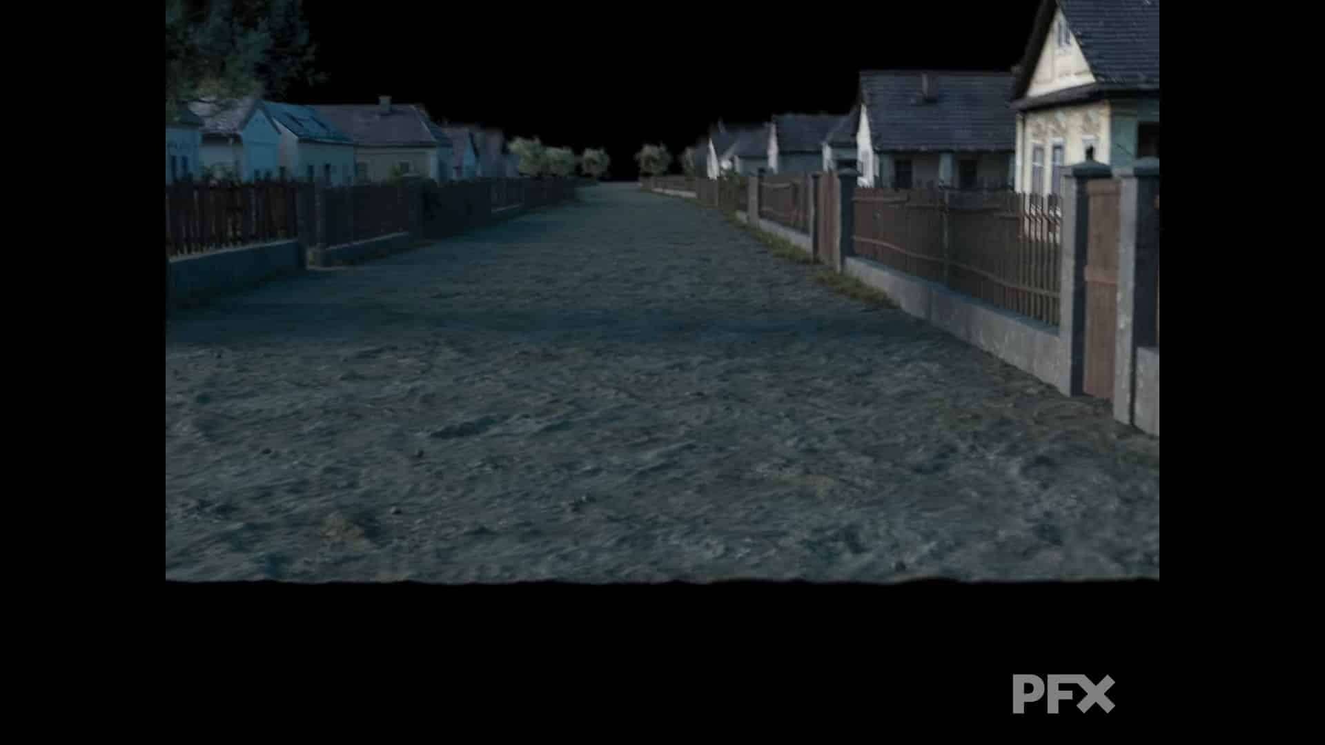 flooded street with houses along the sides digital production Flooded street with houses along the sides