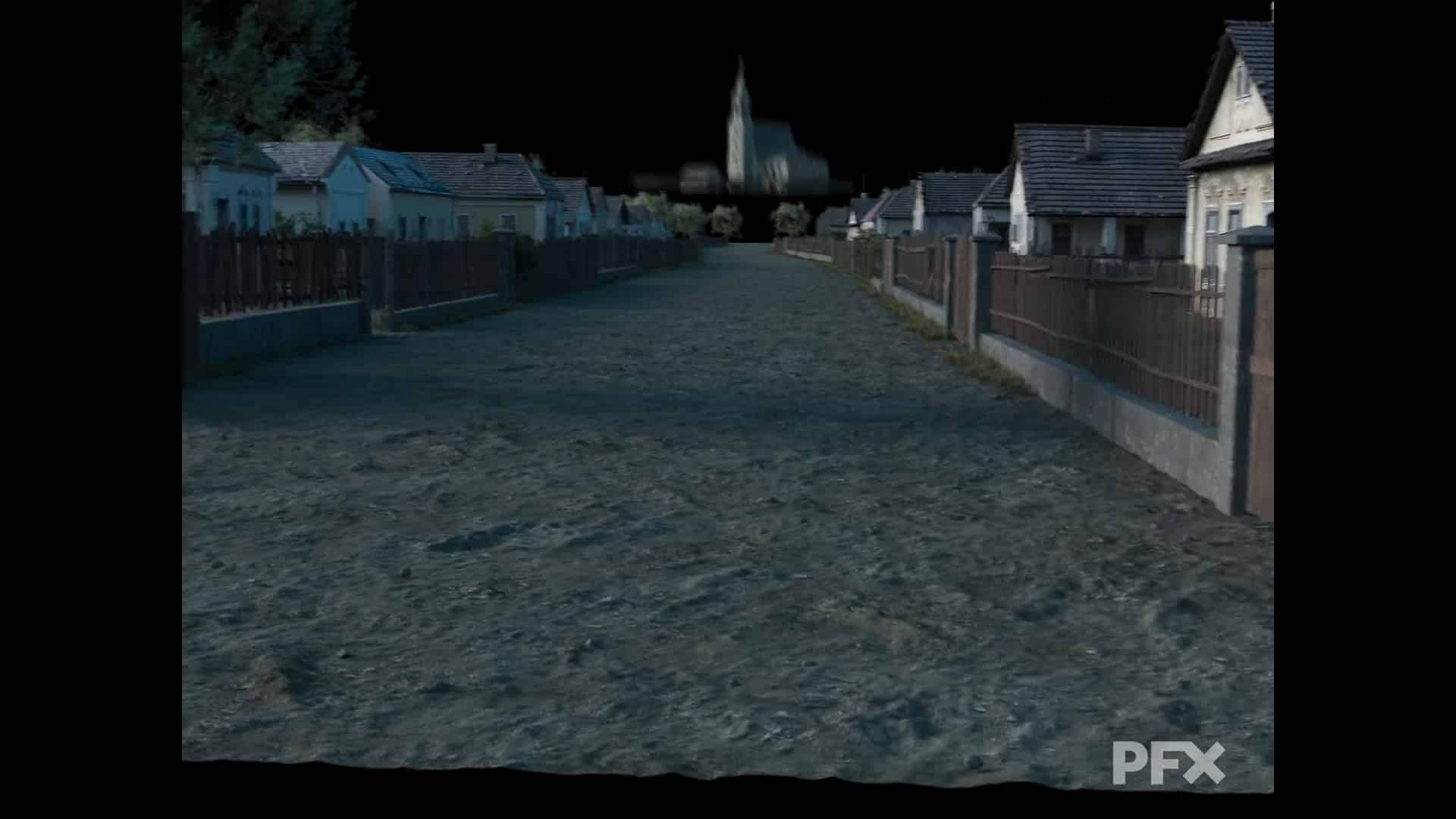 a deserted street with houses and a church in the distance digital production A deserted street with houses and a church in the distance