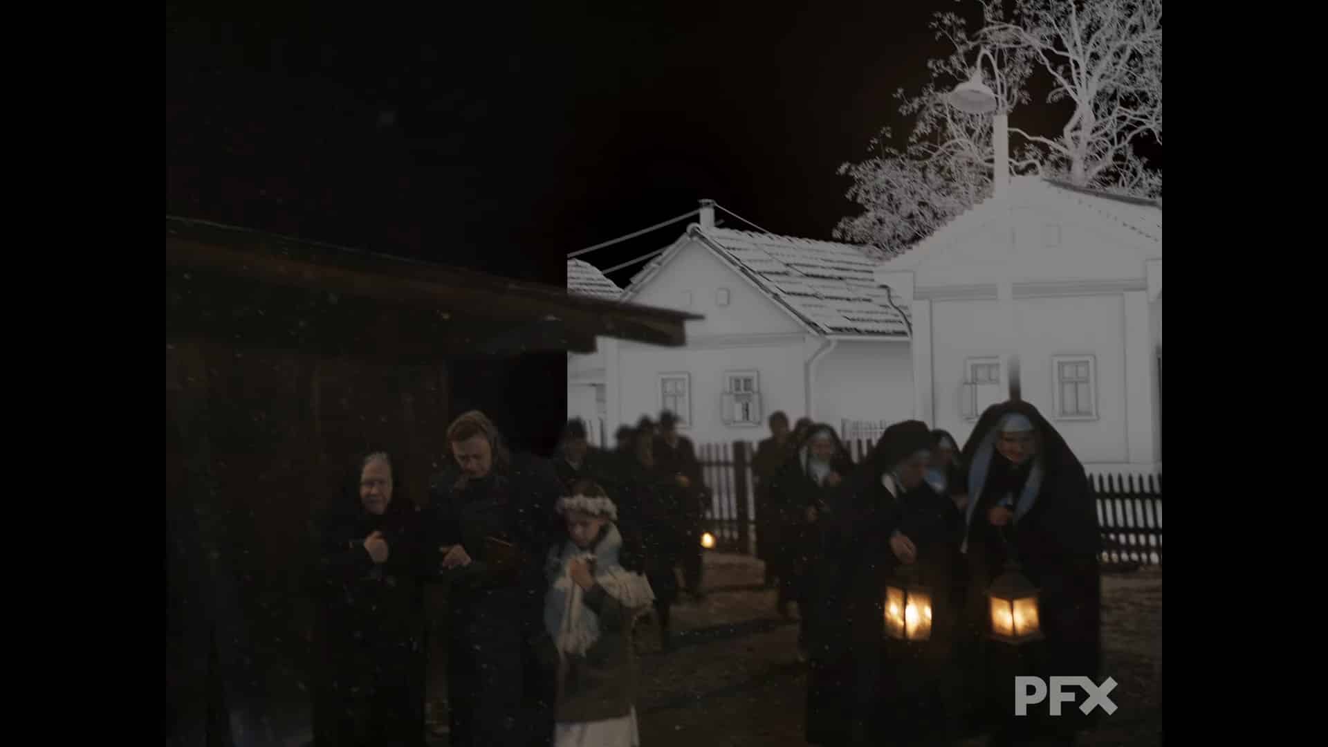 a group of people holding lanterns near white buildings at night digital production A group of people holding lanterns near white buildings at night