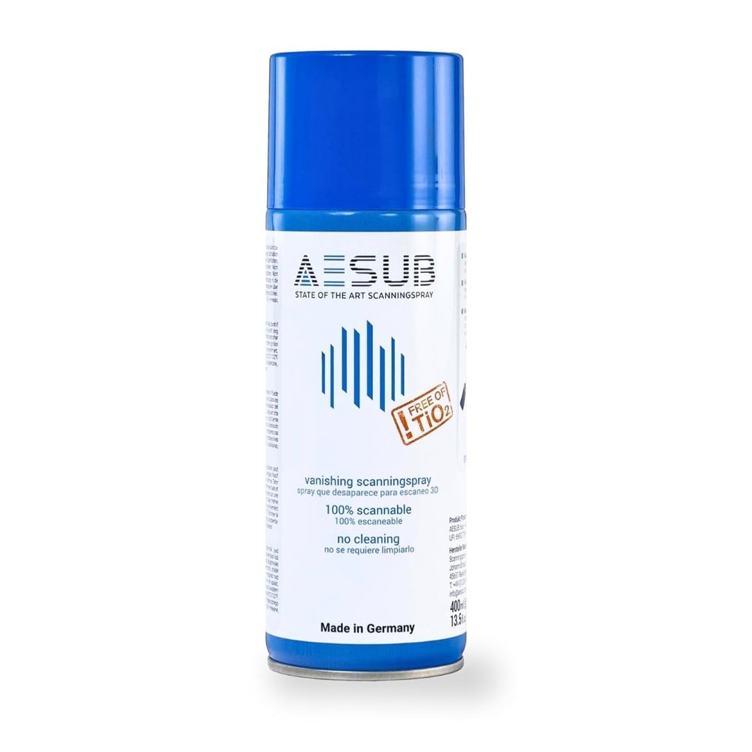a can of aesub vanishing scanning spray with a blue top and white body labeled as 100 scannable and no cleaning the can is labeled with technical information and marked as made in germany digital production A can of AESUB vanishing scanning spray with a blue top and white body, labeled as '100% scannable' and 'no cleaning'. The can is labeled with technical information and marked as made in Germany.