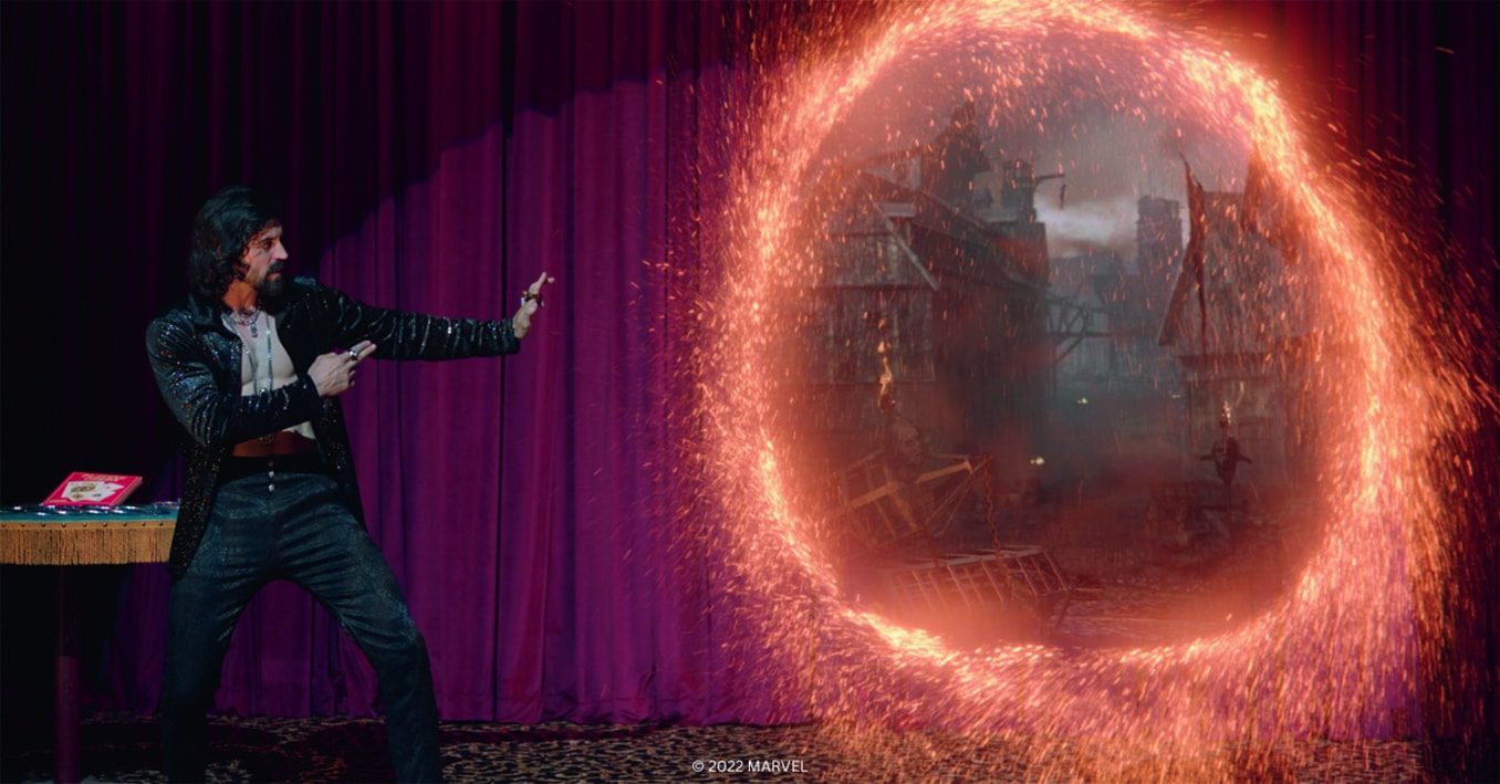 a magician casting a spell through a glowing portal revealing a medieval scene digital production A magician casting a spell through a glowing portal revealing a medieval scene.