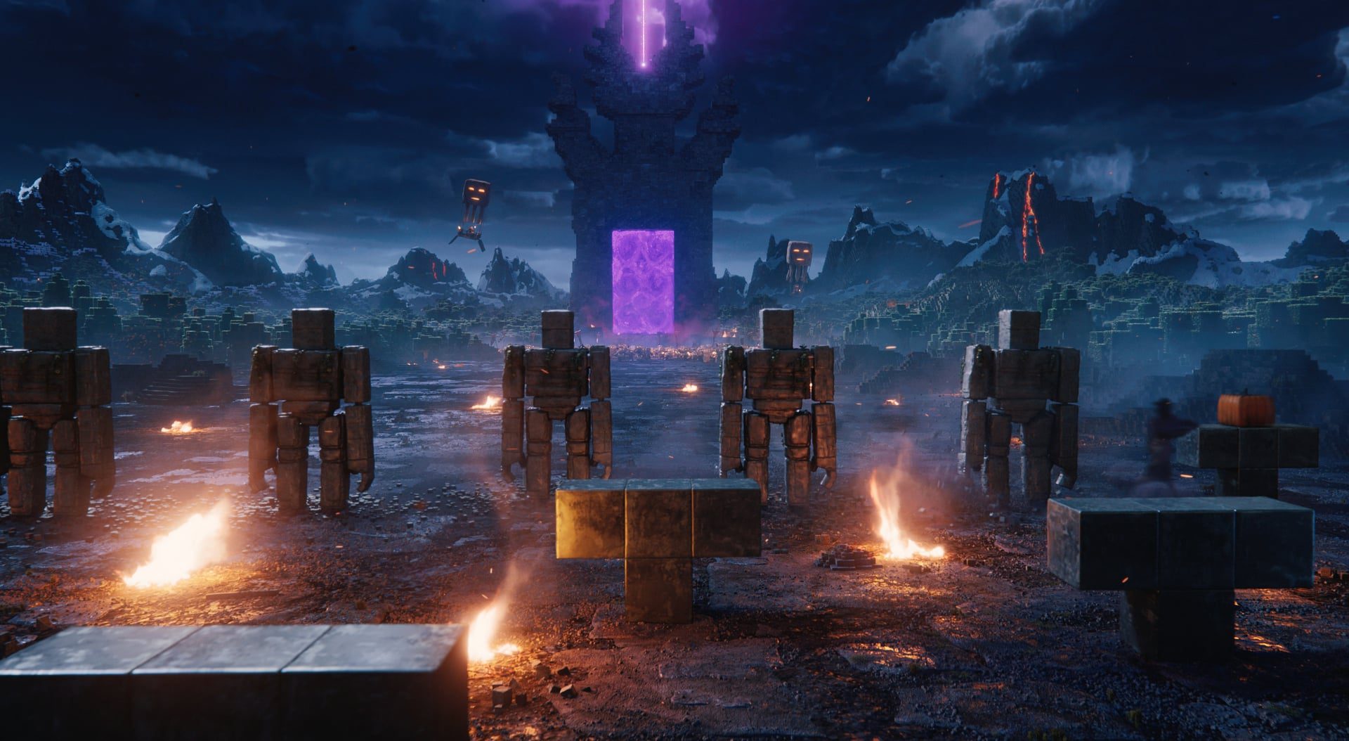 robotic figures standing near a portal in a rocky landscape with flames digital production A battlefield scene from the Minecraft movie, featuring stone golems arranged in a grid formation with a purple portal in the background, flanked by fiery surroundings and a mountainous landscape under a dramatic sky.