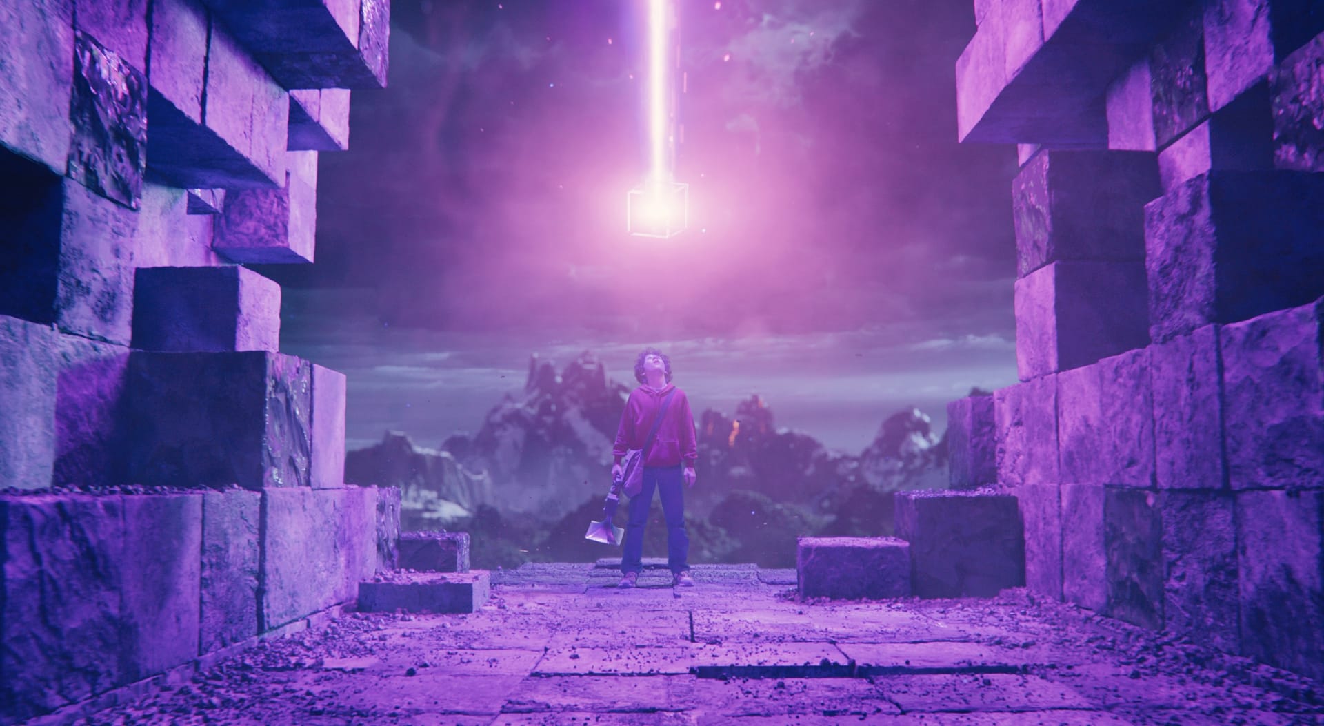 a person standing in a stone pathway looking up at a glowing purple beam of light digital production A character stands in a mystical setting surrounded by stone blocks, gazing upward at a glowing purple beam of light emanating from a floating cube.
