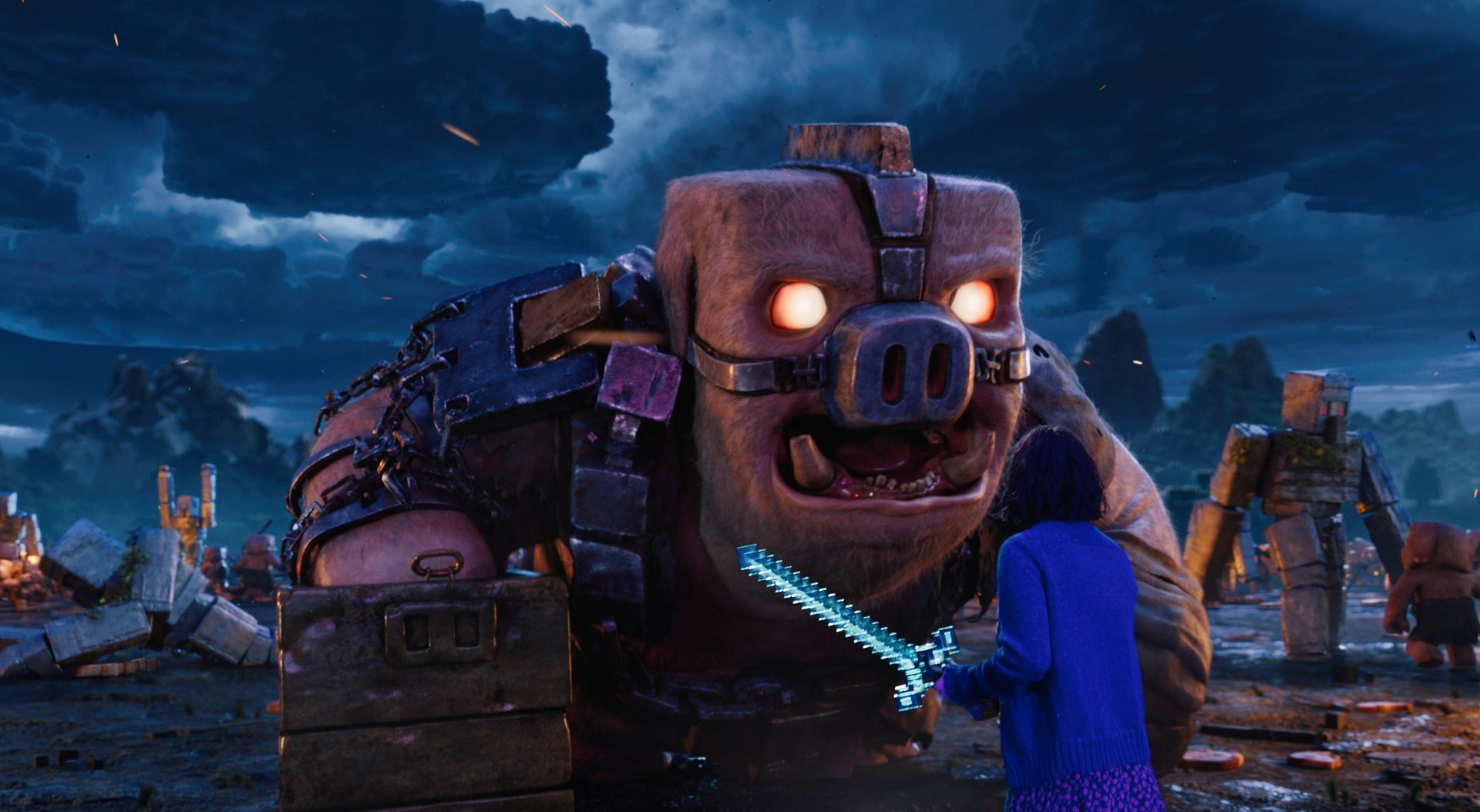 a large piglike creature facing a small character with a glowing sword in a futuristic setting digital production A large, menacing pig-like creature looms over a character holding a glowing sword, set against a dramatic, cloudy sky with other characters and structures in the background.