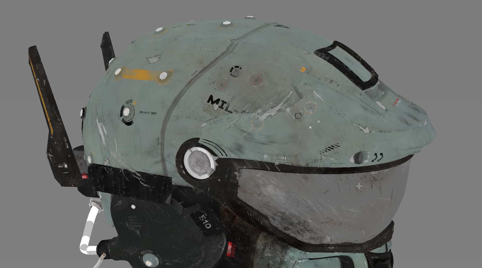 a futuristic helmet with scratches and a visor digital production A futuristic helmet with scratches and a visor