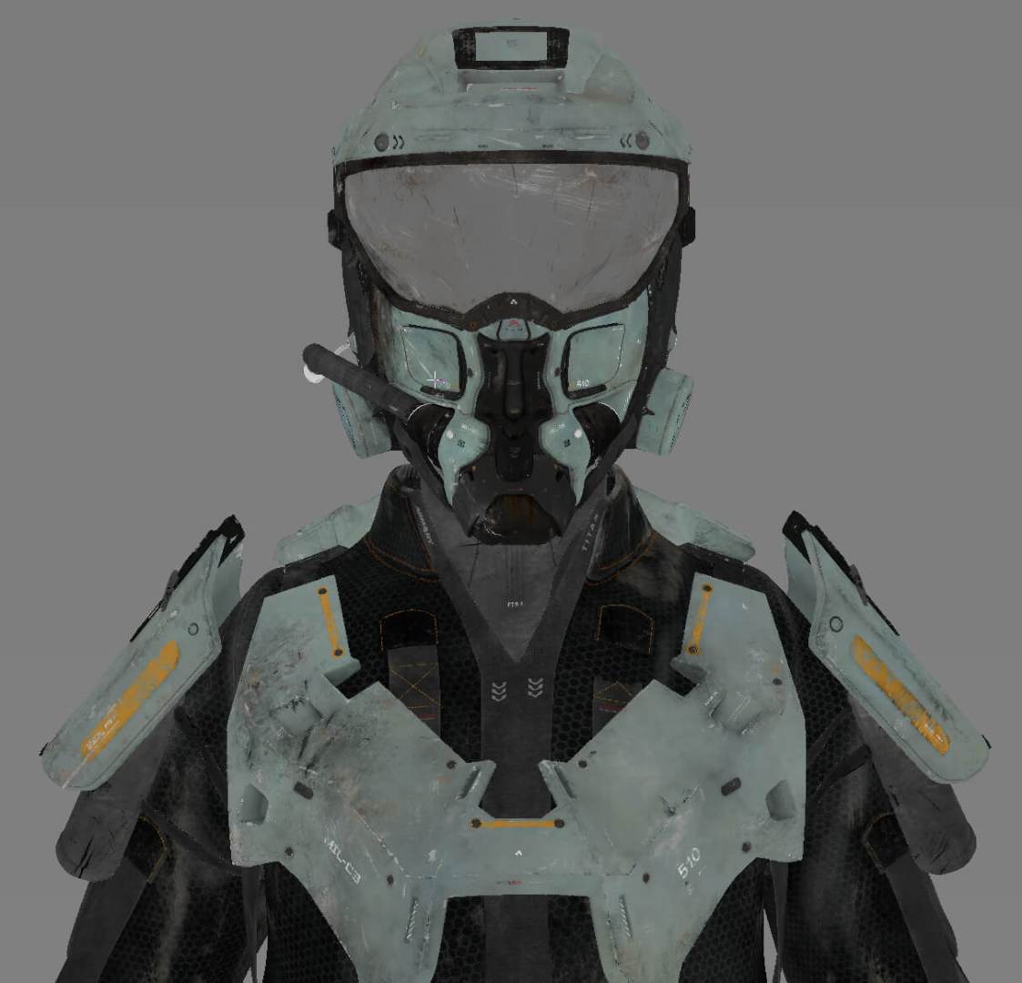 a futuristic armored soldier in a helmet and visor digital production A futuristic armored soldier in a helmet and visor.