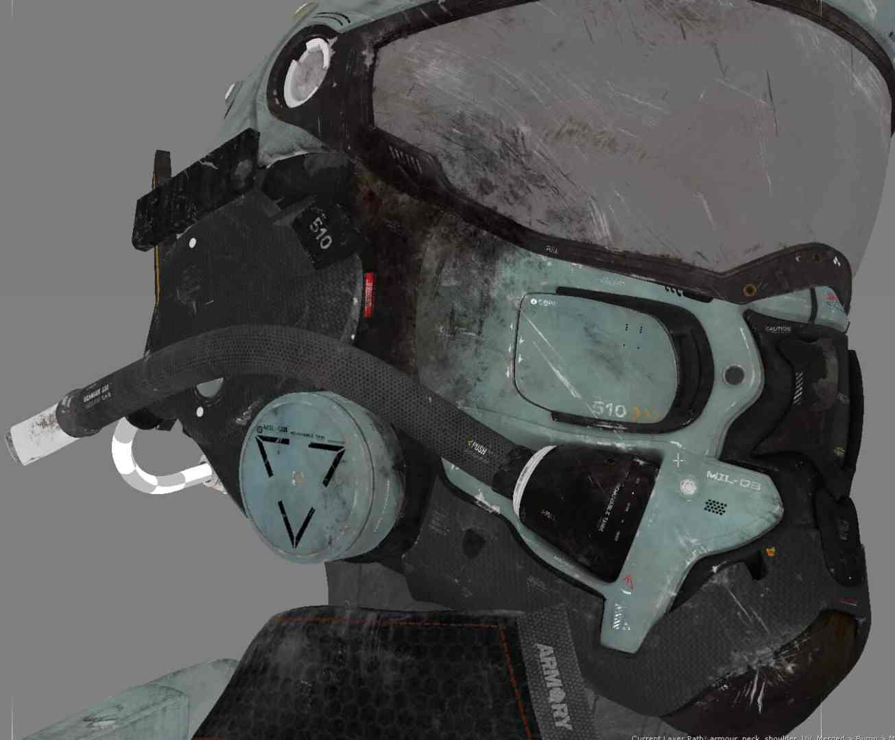 closeup of a futuristic helmet with a visor and oxygen tank digital production Close-up of a futuristic helmet with a visor and oxygen tank.