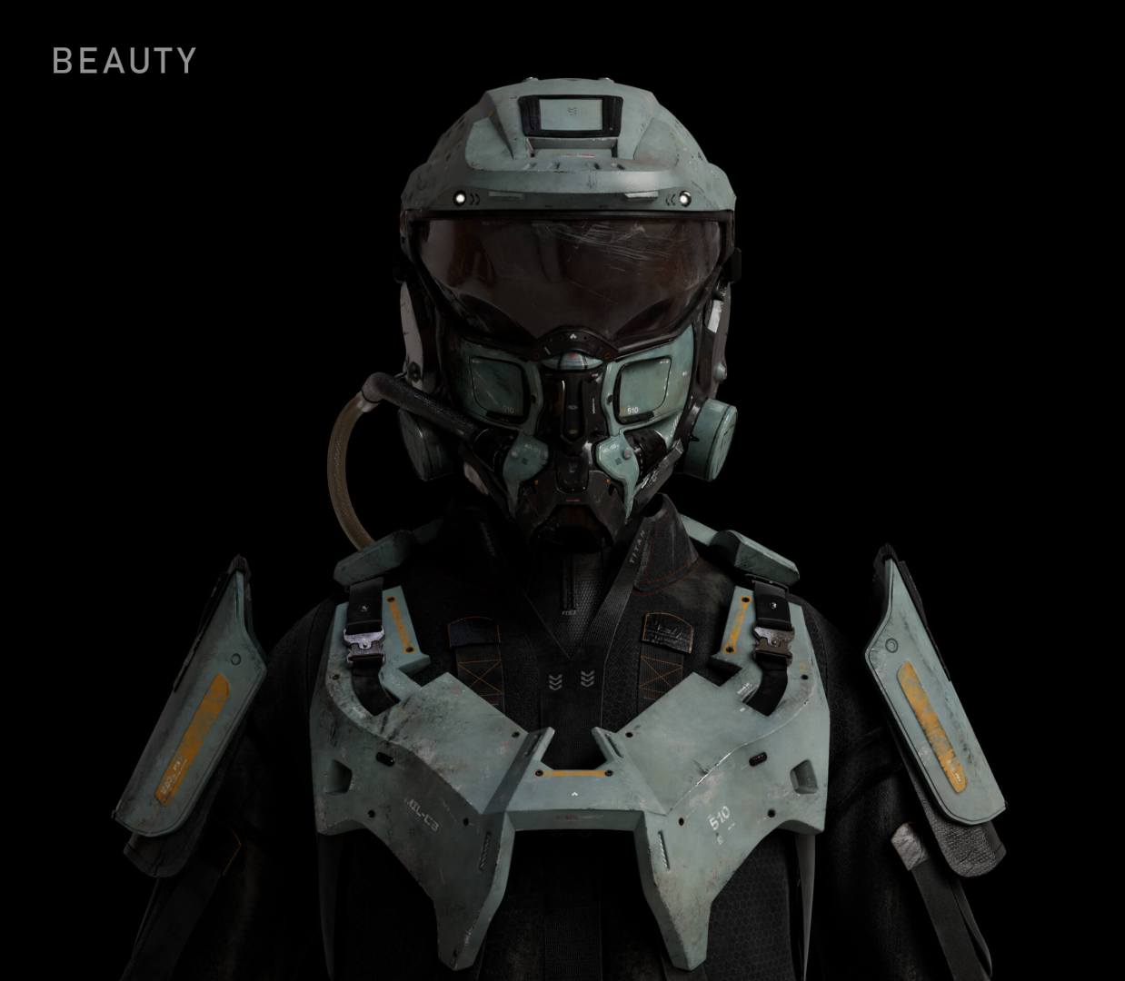 a futuristic armored figure wearing a helmet and body armor digital production A futuristic armored figure wearing a helmet and body armor.