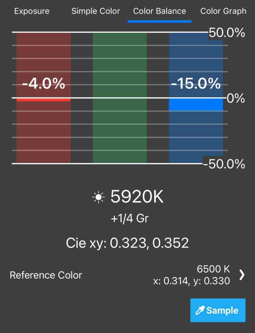 color balance settings display with adjustments shown in red green and blue digital production Screenshot of a color balance app displaying settings, including exposure, simple color adjustments, color balance percentages, and a color graph, alongside color temperature of 5920K and CIE values.