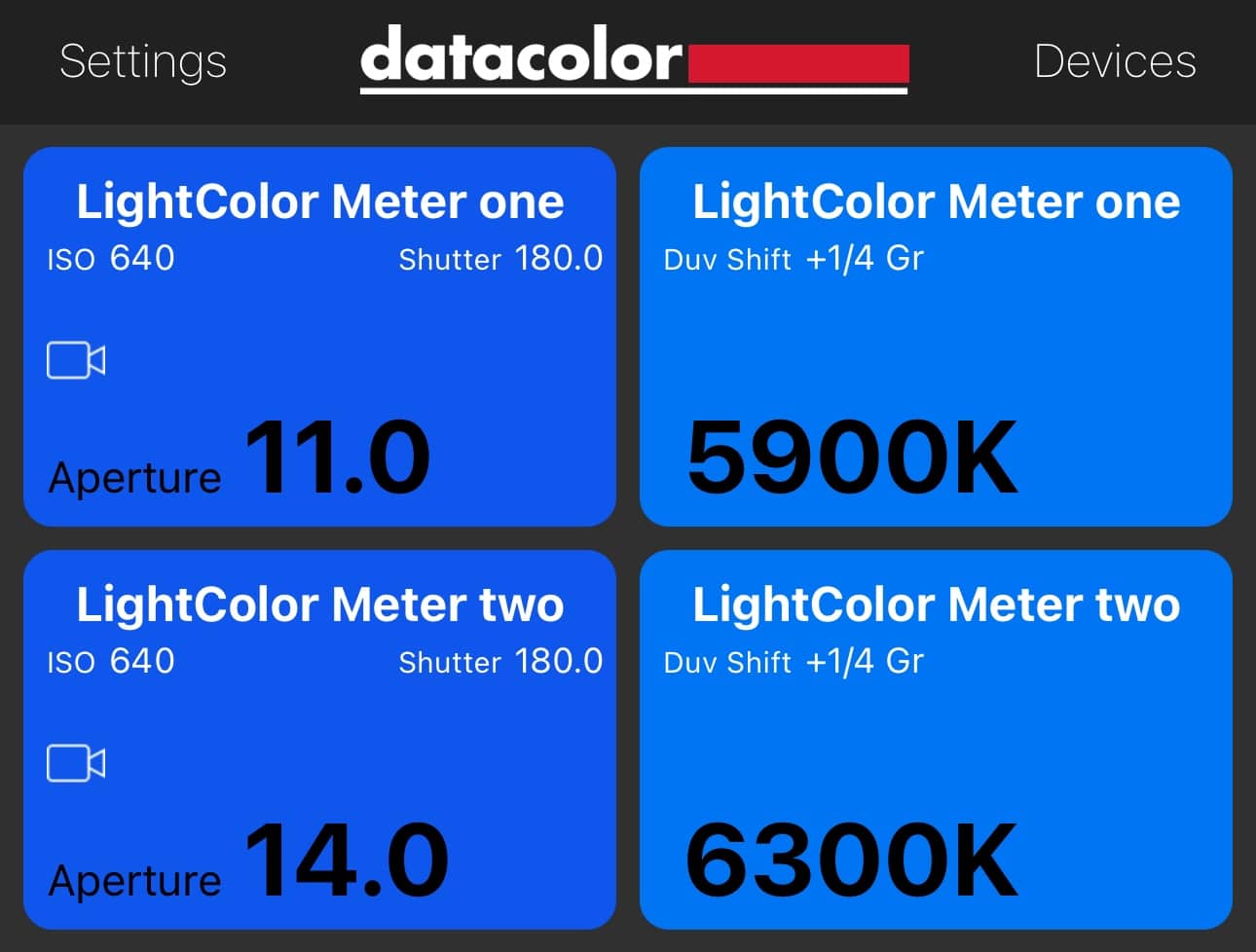 two light meters displaying settings and color temperature digital production Screenshot of the Datacolor LightColor Meter app displaying settings for two light meters, including ISO, shutter speed, aperture, and color temperature readings.