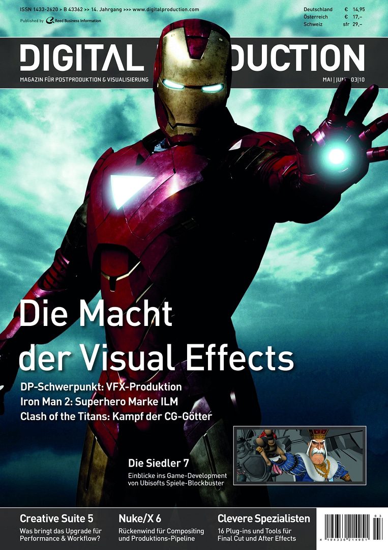 magazine cover featuring iron man with text about visual effects and film features digital production Magazine cover featuring Iron Man, with text about visual effects and film features.