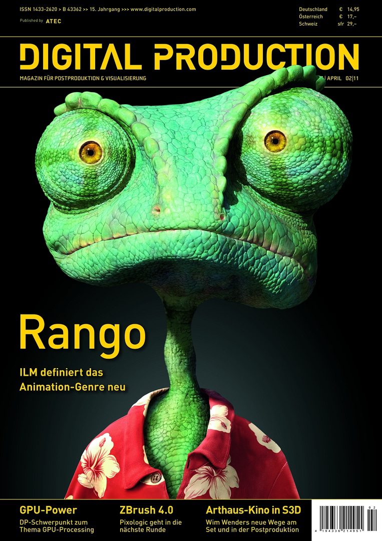 a green chameleon wearing a colorful shirt on a magazine cover titled digital production with the word rango prominently displayed digital production A green chameleon wearing a colorful shirt on a magazine cover, titled 'Digital Production' with the word 'Rango' prominently displayed.