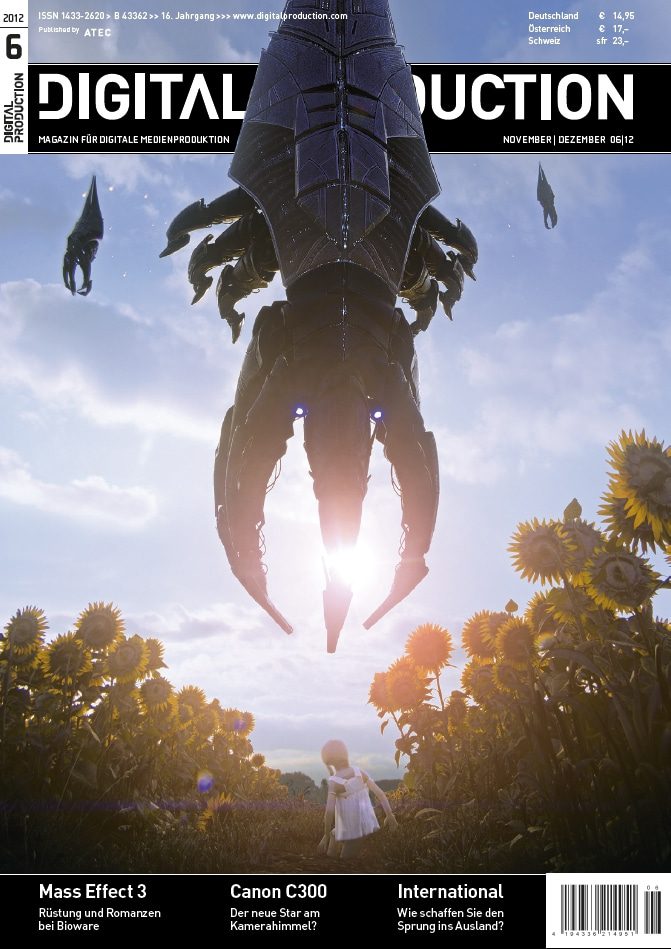 a futuristic robot towering over sunflowers on a magazine cover digital production A futuristic robot towering over sunflowers on a magazine cover.