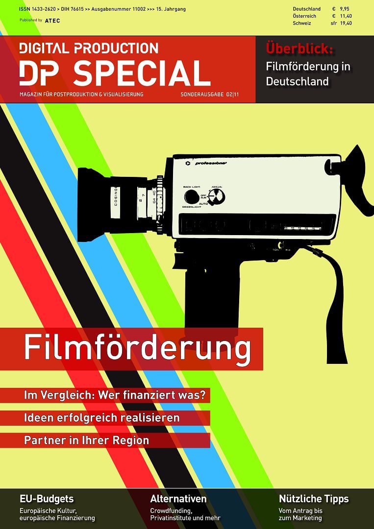 magazine cover featuring a vintage film camera with colorful stripes titled filmförderung digital production Magazine cover featuring a vintage film camera with colorful stripes, titled 'Filmförderung'
