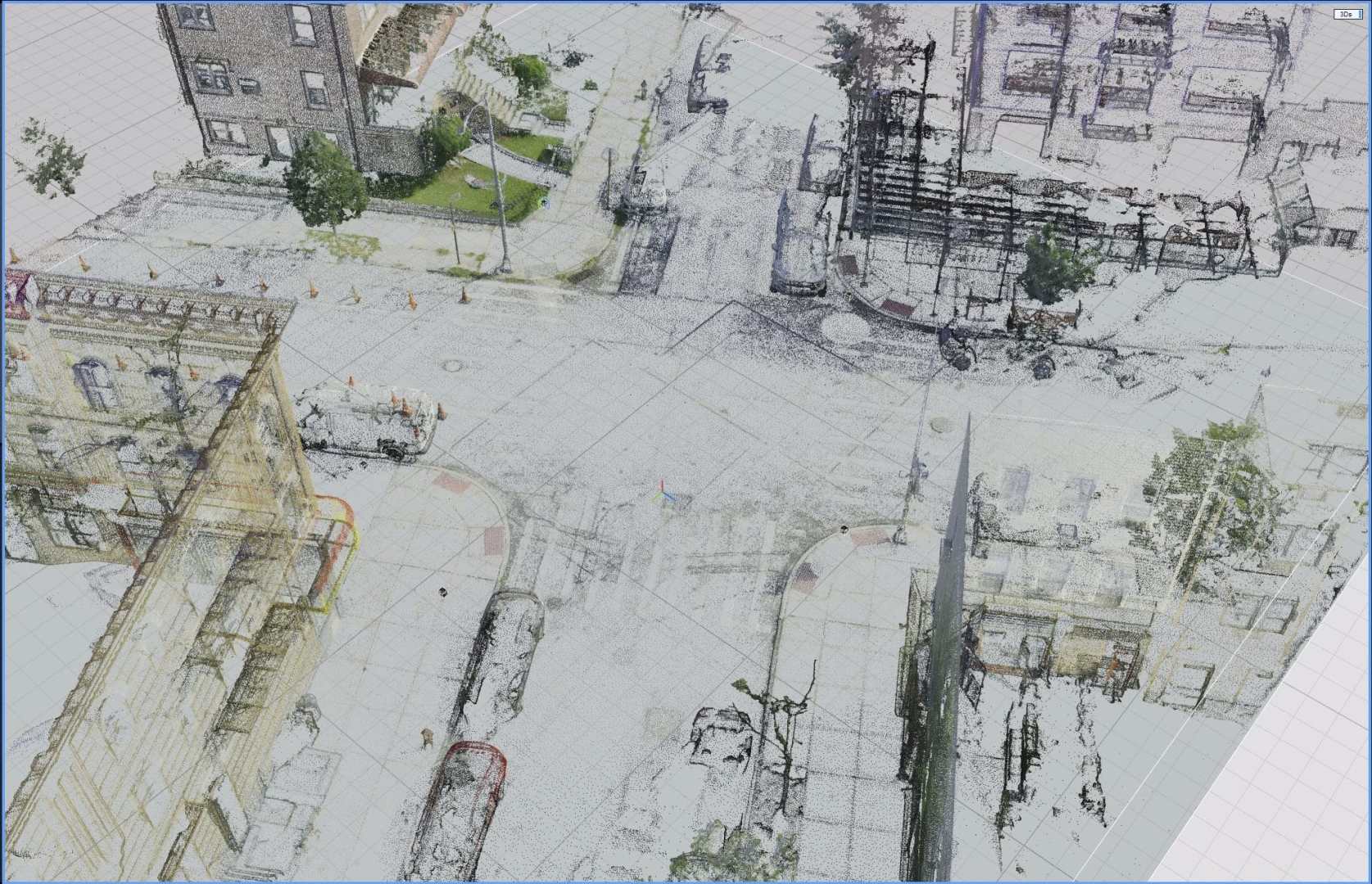 a street intersection with buildings and trees depicted in a 3d wireframe model digital production A street intersection with buildings and trees, depicted in a 3D wireframe model.