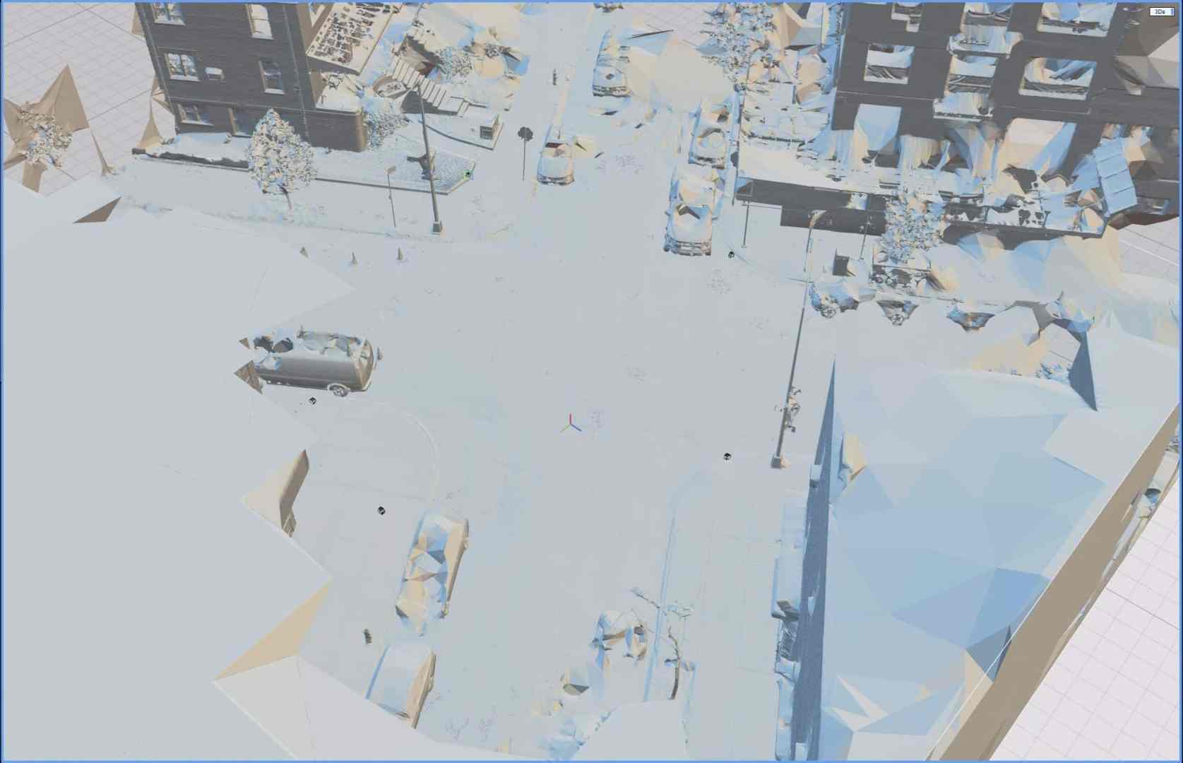 aerial view of a snowcovered urban intersection with buildings and cars digital production Aerial view of a snow-covered urban intersection with buildings and cars.