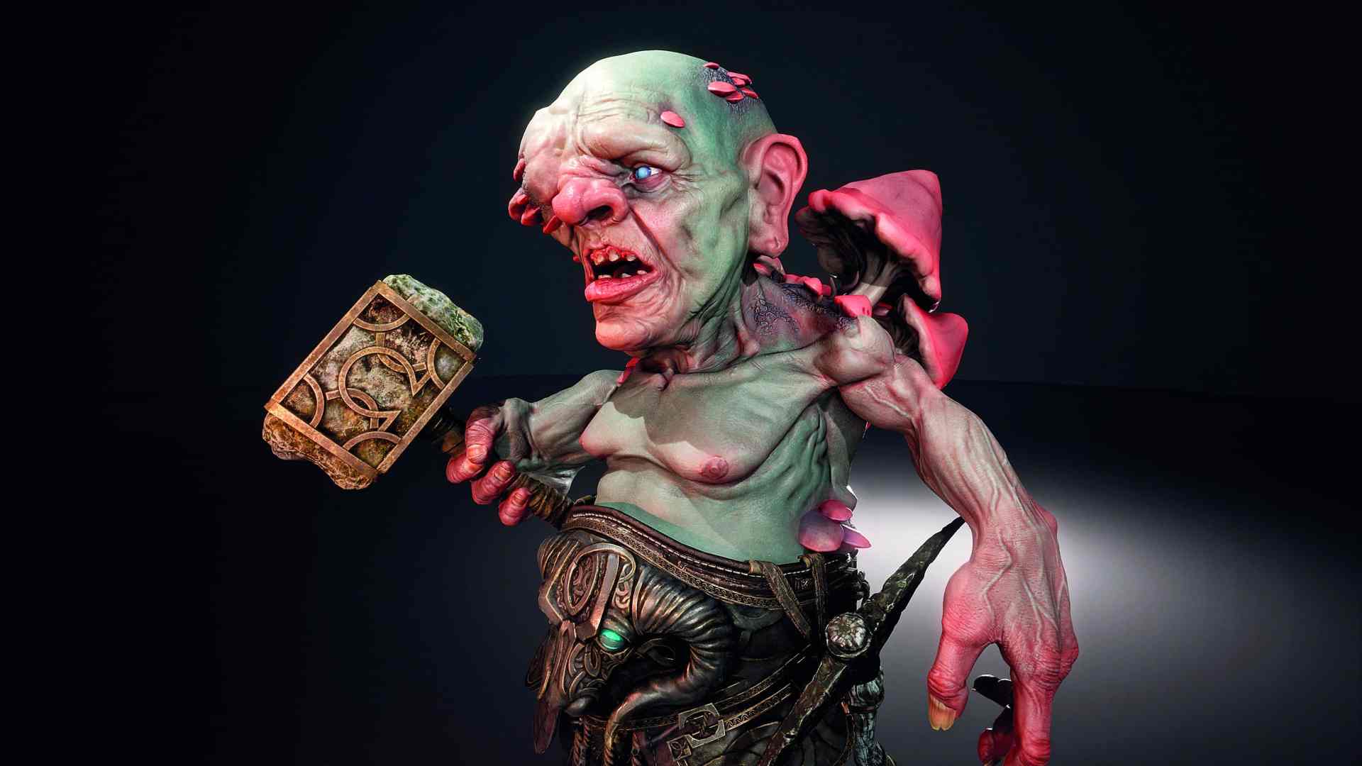 a greenskinned grotesque character holding a hammer with a redcloaked figure on its back digital production A green-skinned, grotesque character holding a hammer with a red-cloaked figure on its back.