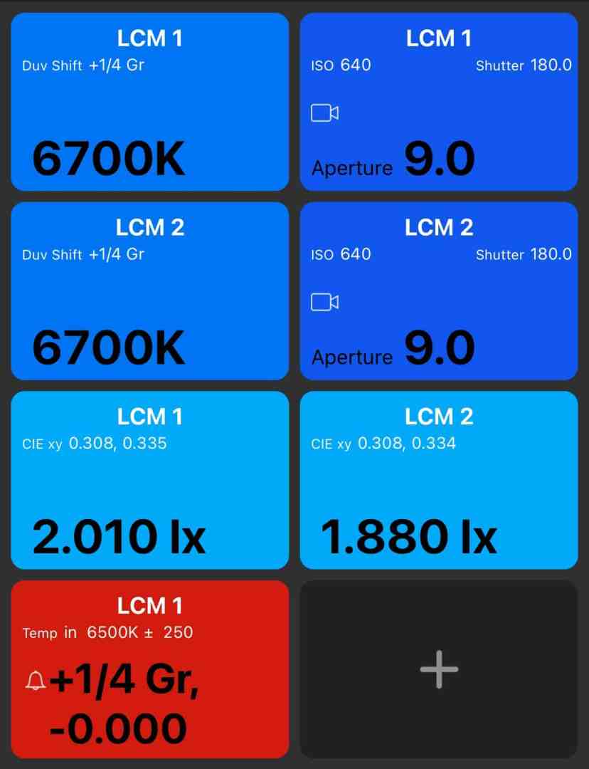 technical light measurement display with settings and values digital production Screenshot of the Datacolor LightColor Meter Model LCM200 app interface displaying multiple readings including color temperature, Duv shift, and light intensity.