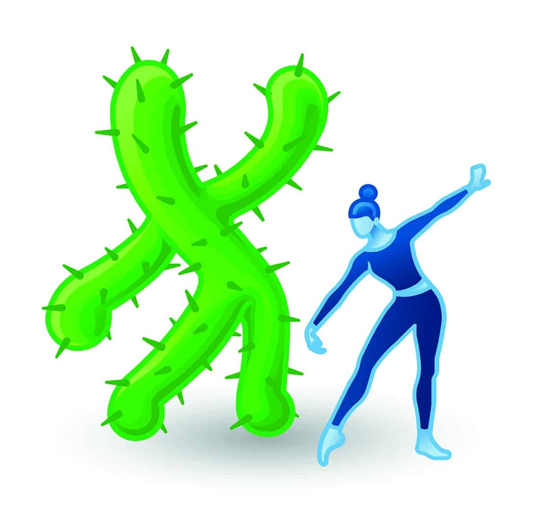 a blue figure dancing beside a green cactusshaped symbol digital production A blue figure dancing beside a green cactus-shaped symbol.
