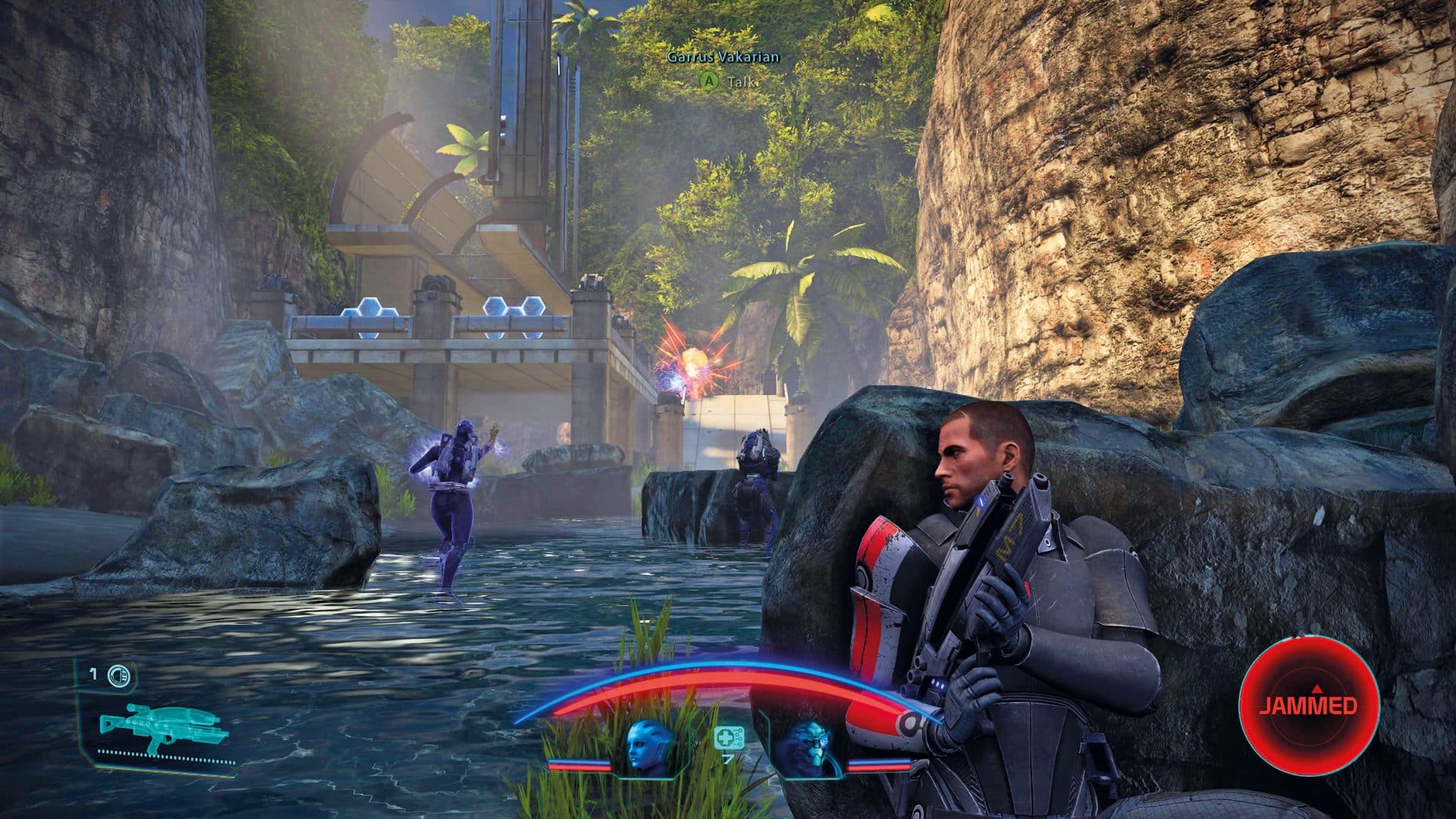 a male character in futuristic armor aiming a weapon near a river with foliage and structures in the background digital production A scene from the video game Mass Effect featuring a character in combat, hiding behind a rock in a lush environment with waterfalls and futuristic architecture.