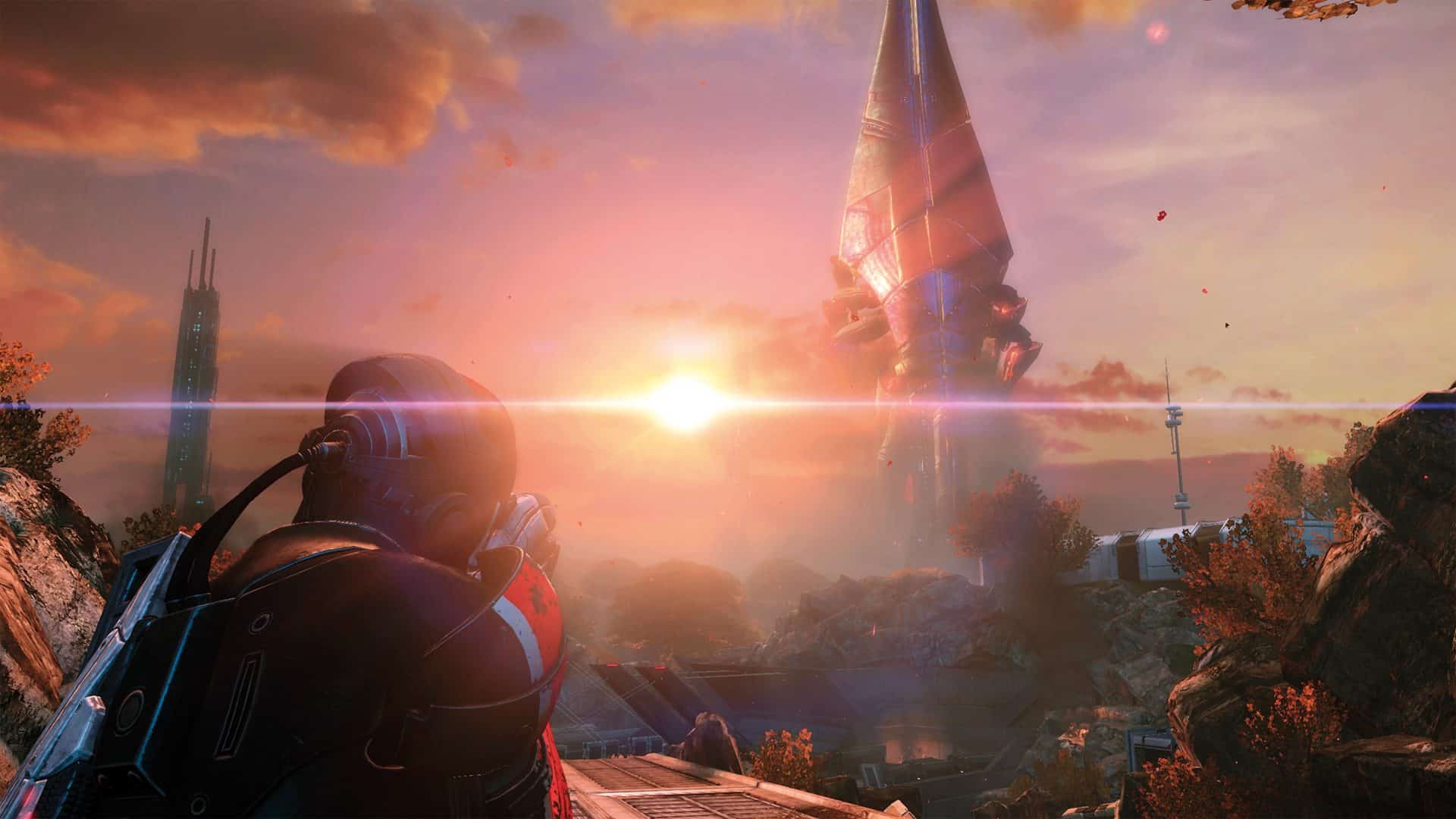 a character looking at a futuristic structure during sunset digital production A character in futuristic armor stands on a rocky surface, facing a vibrant sunrise with a glowing sun and towering, metallic structures in the backdrop, surrounded by colorful clouds and foliage.